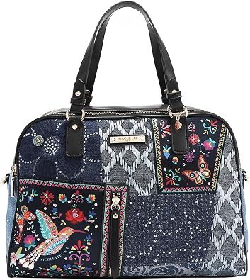 Nicole Lee Denim Satchel Bag, Bosque de Amor Collection, Blue, Cotton Denim with Vegan Leather Accents, Double Zip Compartments, Sequin Embellished FALL BOSQUE DE AMOR