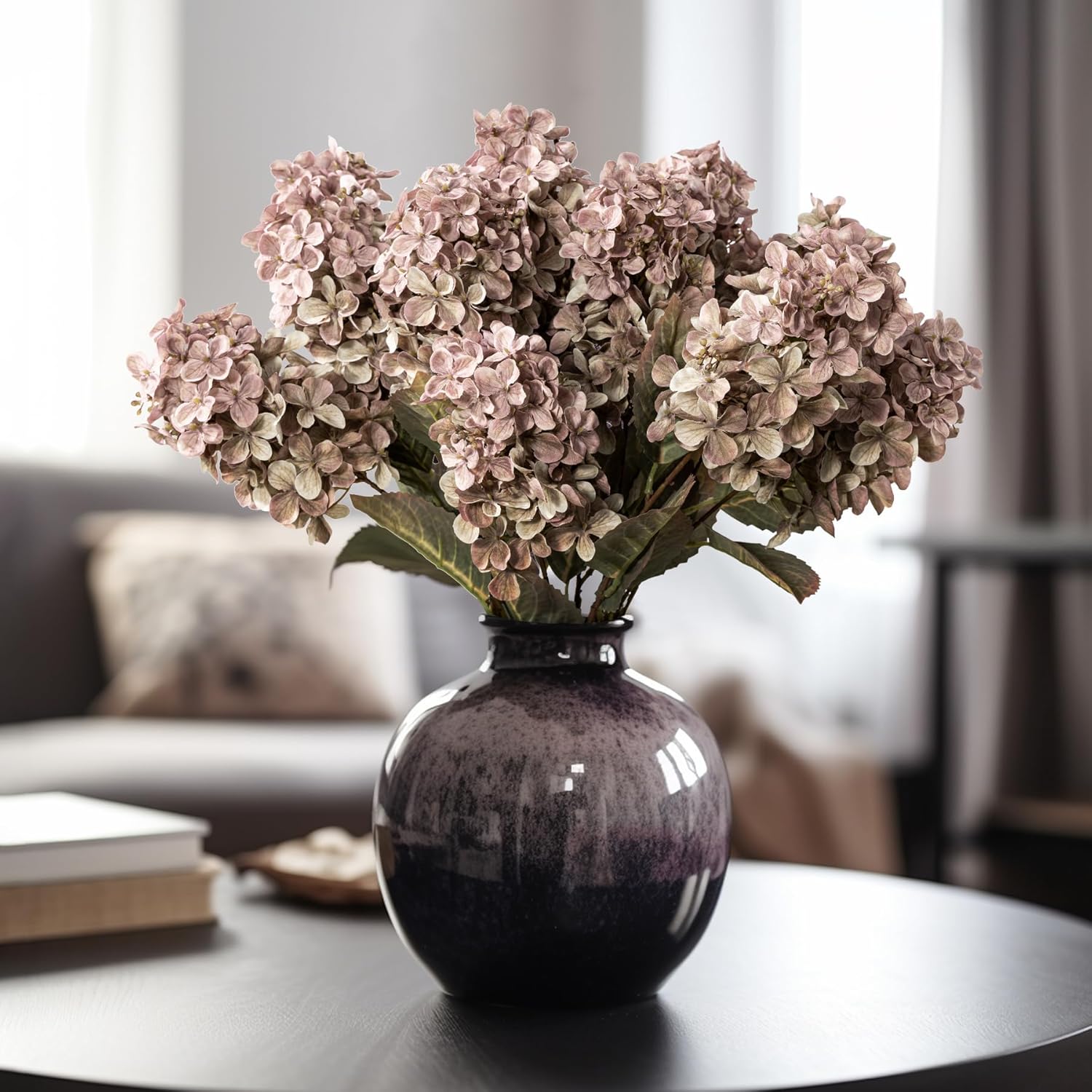 Fake Flowers Hydrangea Silk Flowers with Stems,Brown Flowers Fall Hydrangea Artificial Flowers,Winter Flowers Artificial for Decoration Vase Indoor and Outdoor 24"（Brown ） 8PCS Wthout Vase