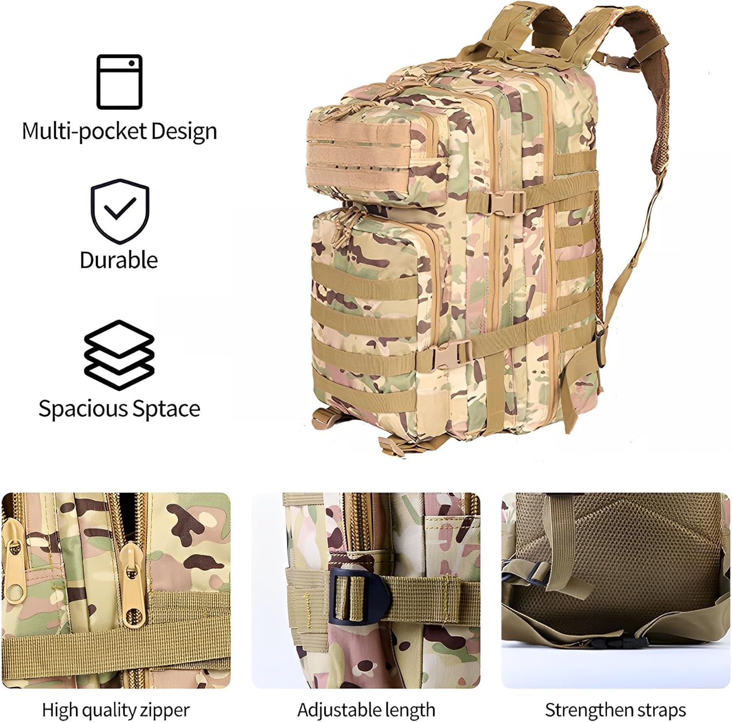 Lawaia Tactical Backpack Military Hunting Gym Hiking Rucking Backpack with Weights Survival Rucksack Tool Motorcycle Accessories Fishing Camping Range Bag 50L for Men (CP)