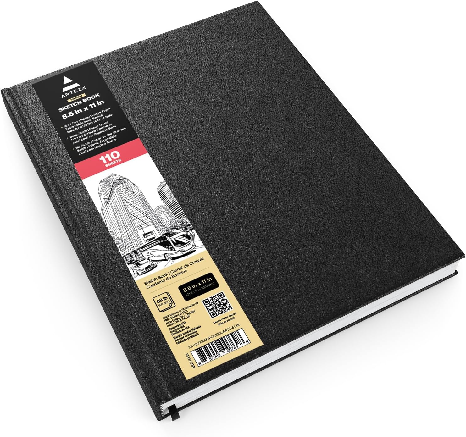 ARTEZA Hardcover Sketchbook, 8.5 x 11 in, 110 Sheets / 220 Pages, 68 lb / 100 GSM Acid-Free Drawing Paper with Ribbon Bookmark and Inner Pocket for Sketching, Drawing, and Journaling thumbnail