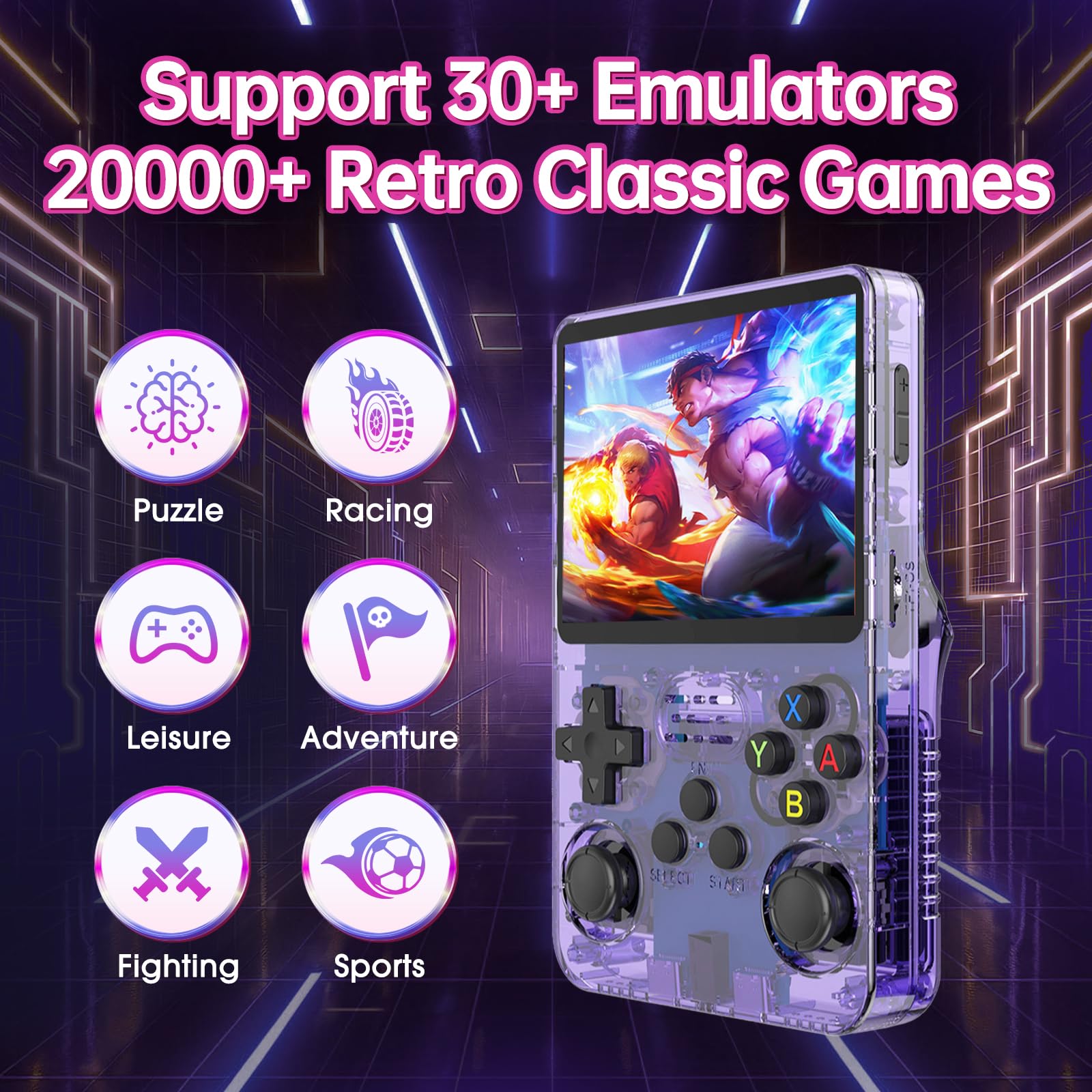 R36S Console Retro, Schermo IPS da 3,5 Pollici, 128GB di Memoria, 40.000 Giochi Preinstallati, Console Portatile per Bambini e Adulti, Supporto Multi-Emulatore, Viola