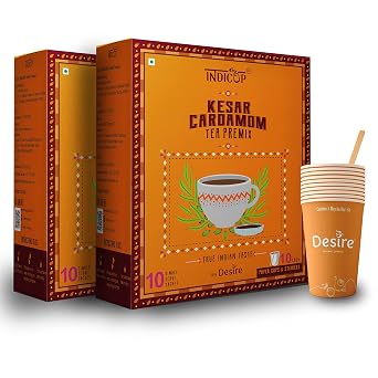 INDICUP Kesar Cardamom Tea Instant Premix, 20 Sachets 280Gms Mix, Refreshing Taste 1 Count Pack 2