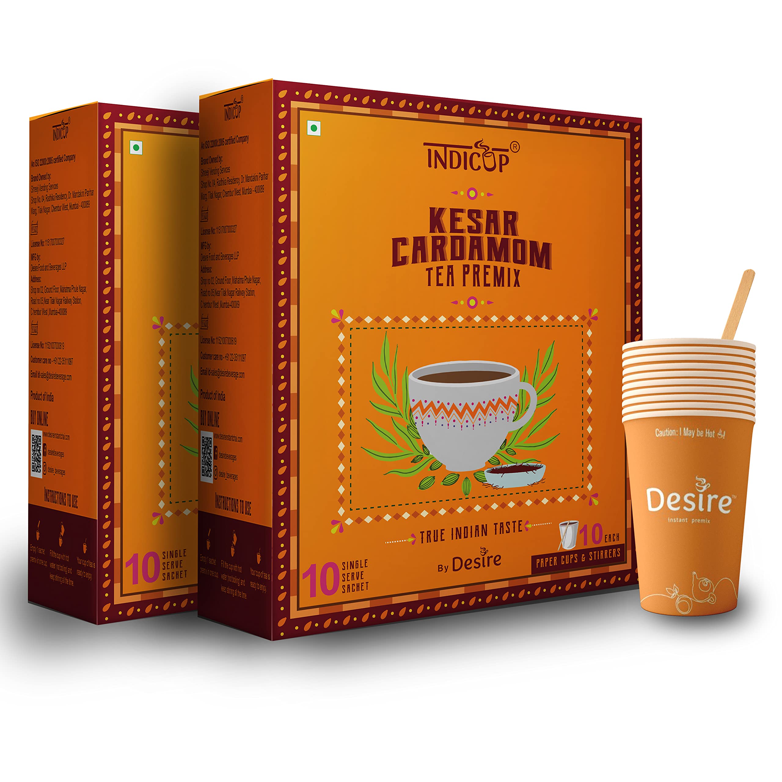 INDICUPKesar Cardamom Tea Instant Premix, 20 Sachets (280Gms) Mix, Refreshing Taste 1 Count (Pack 2)