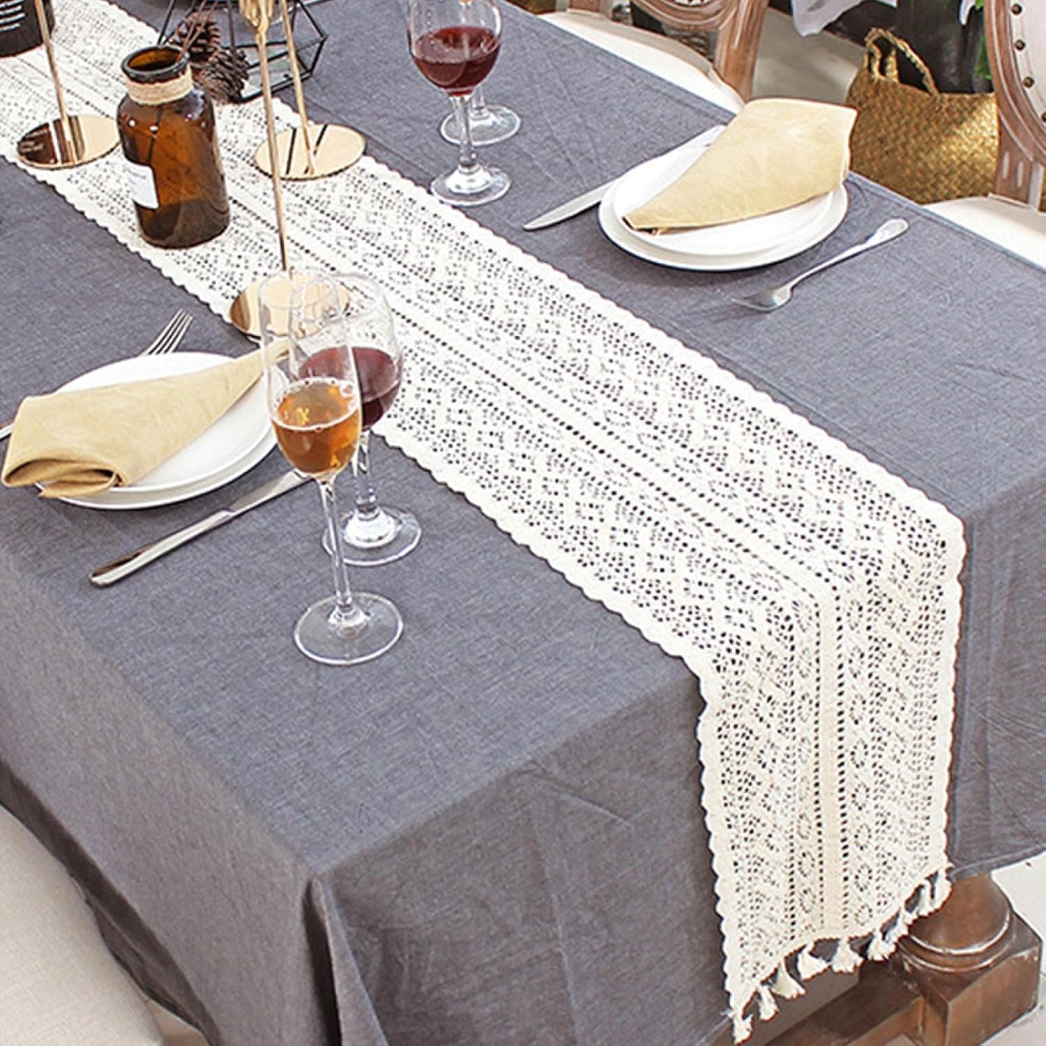 MOVKZACV Table Runner Cotton Crochet Table Runner Macrame Table
