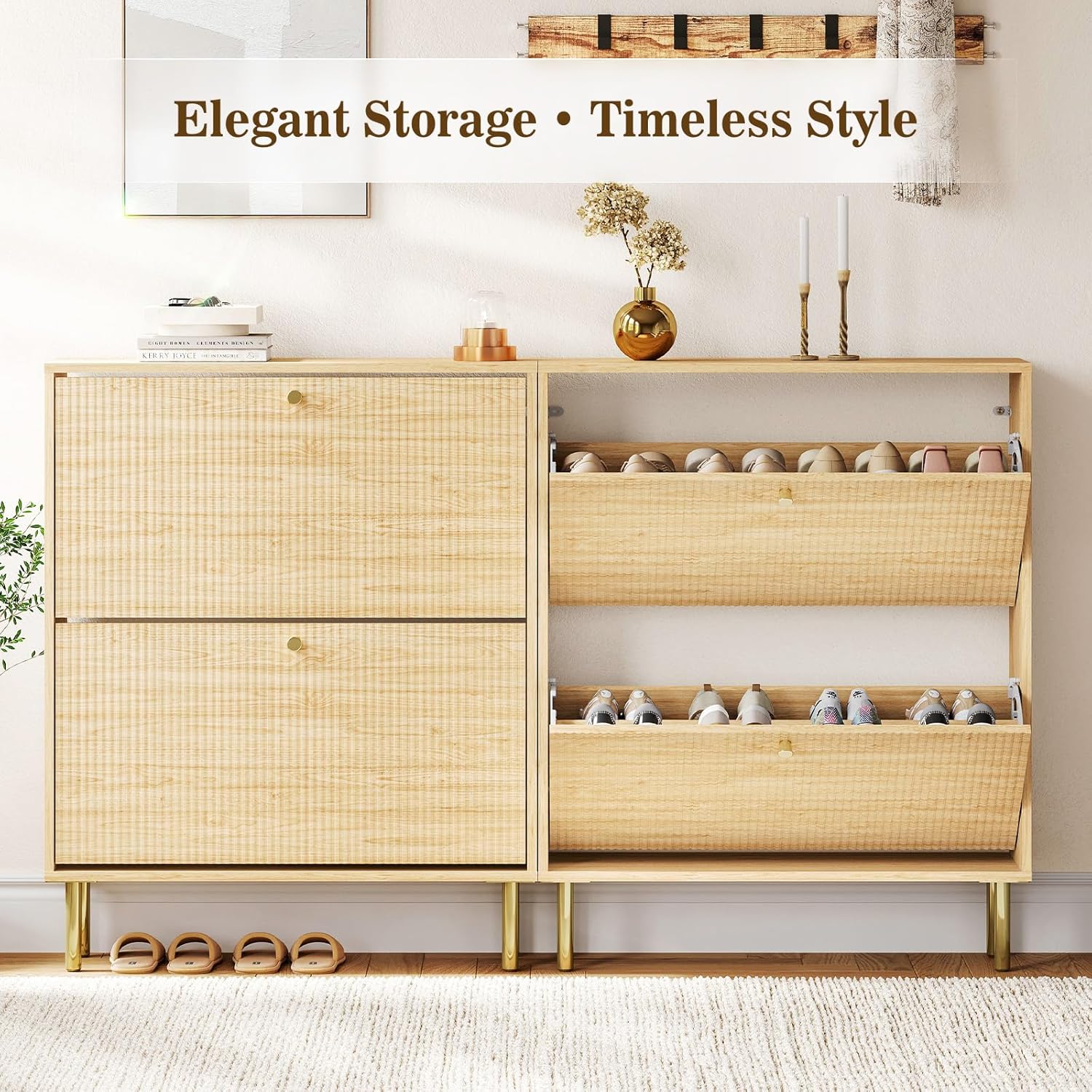 Nicetree Shoe Storage Cabinet for Entryway - Flip Shoe Cabinet with Tiered Fluted Design - Slim Shoe Storage Rack with Gold Legs - Narrow Shoe Cabinet Hidden Shoe Organizer for Small Spaces