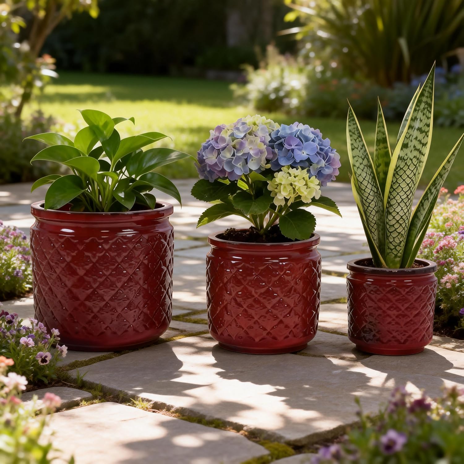 Ceramic Planters Set of 3, 15/12/9 in Indoor & Outdoor Large Plant Pots with Drainage Hole, Handmade Glaze Embossed Decorative Flower Pots for Indoor Plants, Patio, Garden, Bean Paste Red