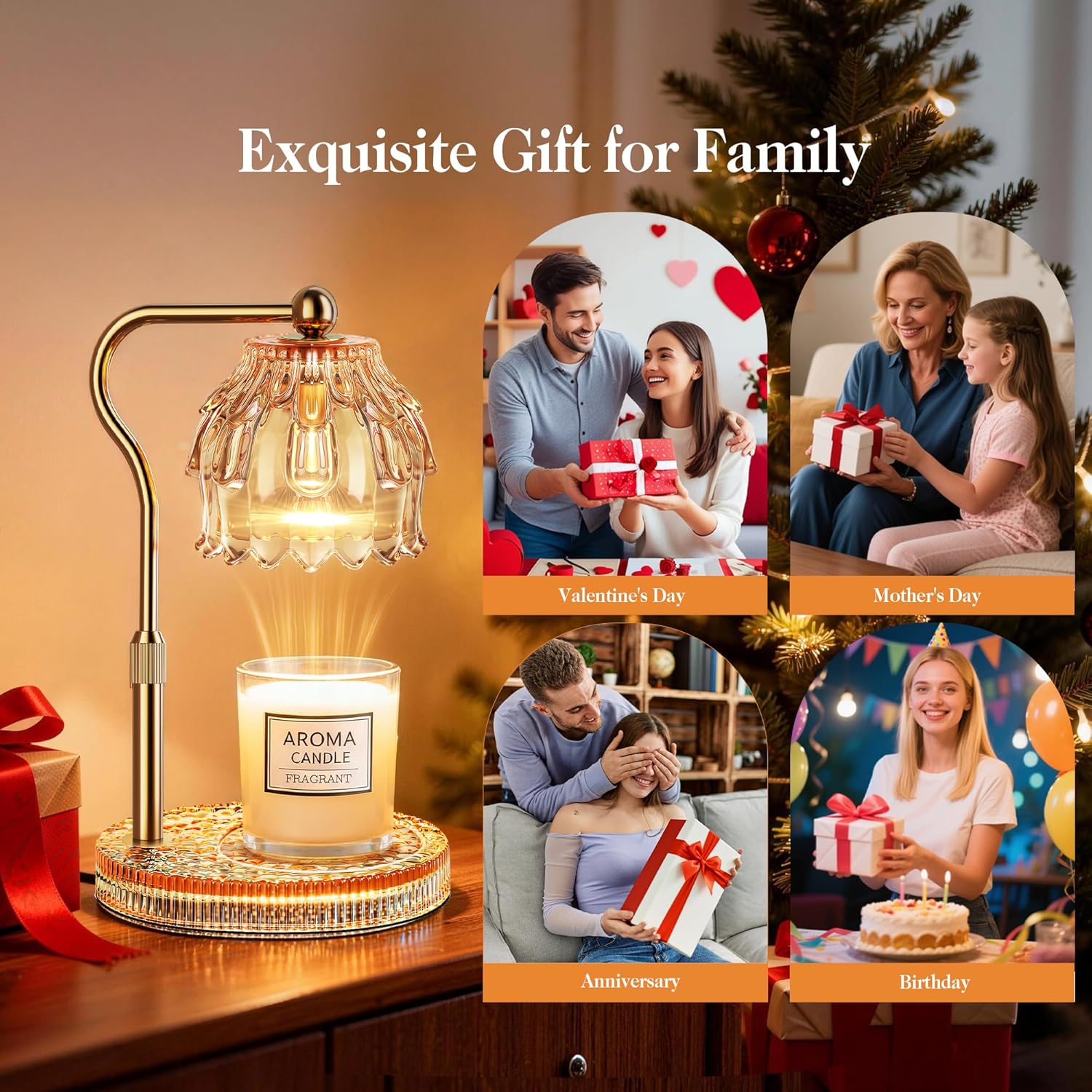 Candle Warmer Lamp with Timer Dimmer, Modern Wax Warmer for Scented Wax Jar Candle Warmer with 2 Bulbs, Adjustable Height Glass Lamp for Women, House Warming Gifts, Gold Amber