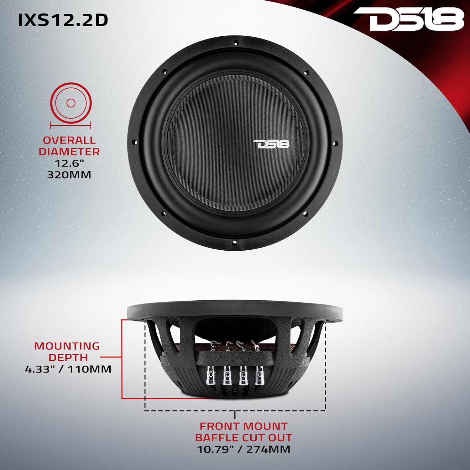 DS18 IXS12.2D 12" Car Subwoofer 1600 Watts MAX Power 800 Watts RMS DVC 2 + 2 Ohms - Powerful Shallow Mount Subwoofer - Slim Design Perfect for Compact Places in Car & Trucks - 1 Speaker
