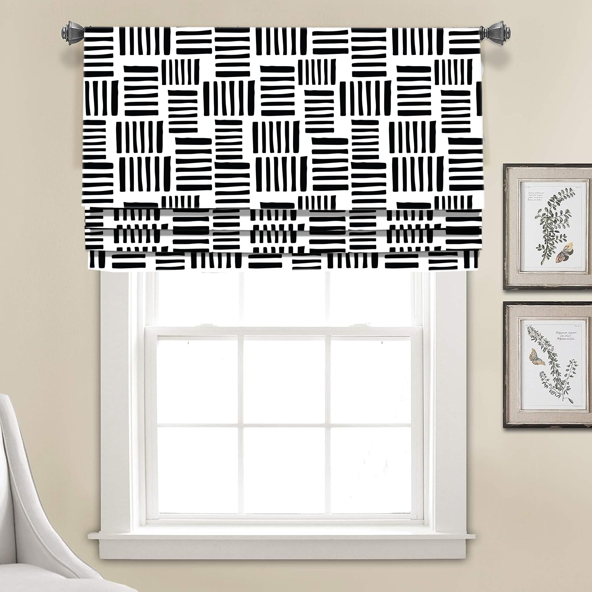 Black and White Patterned Window Valance, Monochrome Geometries Art, Faux Roman Shade