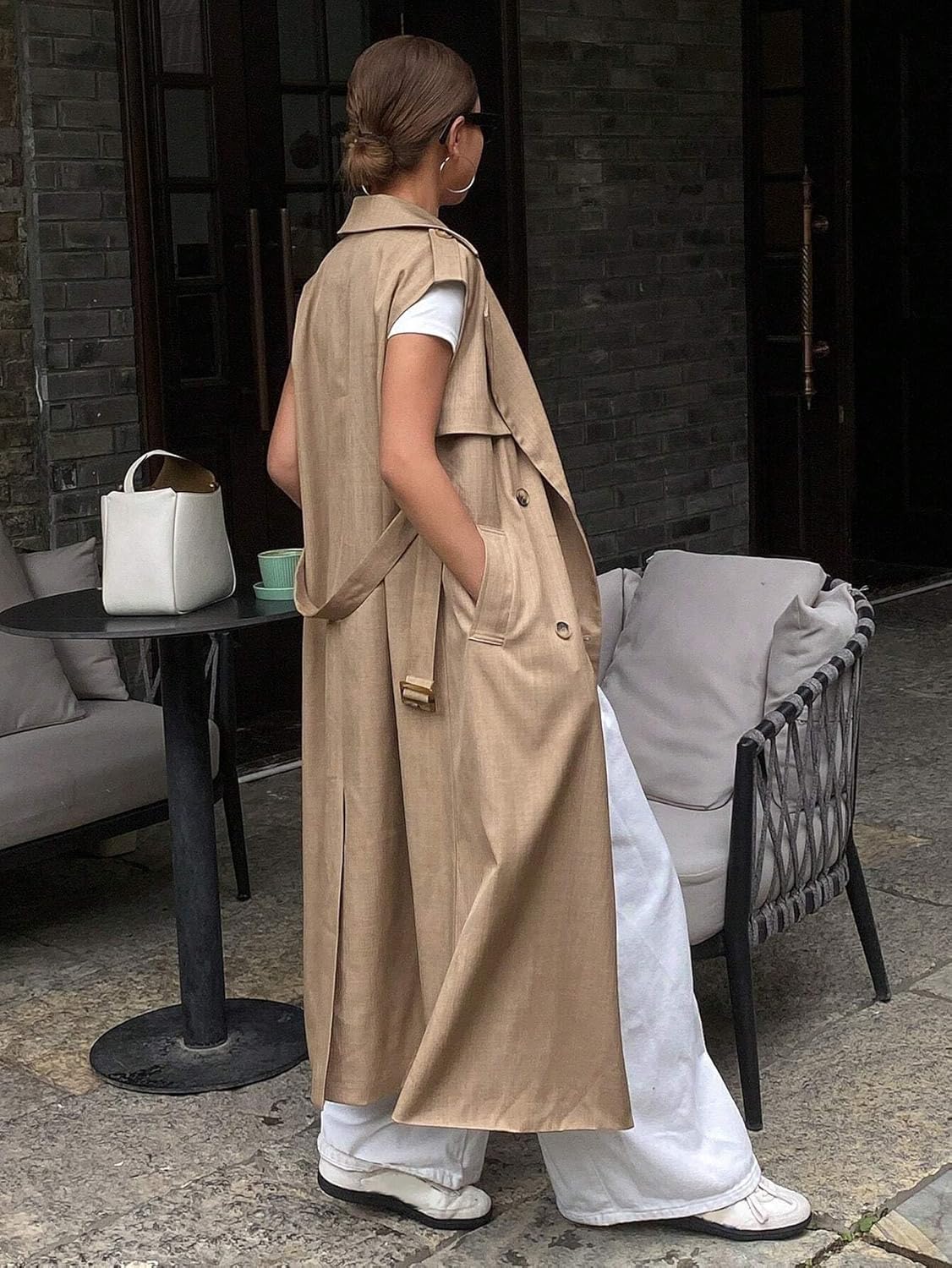 Womens Fashion Trench Outwear Sleeveless Long Waisted Trench Coat Jacket Coat