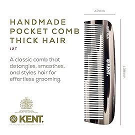 Kent 12T G Wide Tooth Detangling and Grooming Comb - Handmade Pocket Comb for Thick, Curly, Wavy Hair - Large Tooth Hair Detangler for Beard and Mustache - Saw-Cut and Hand Polished