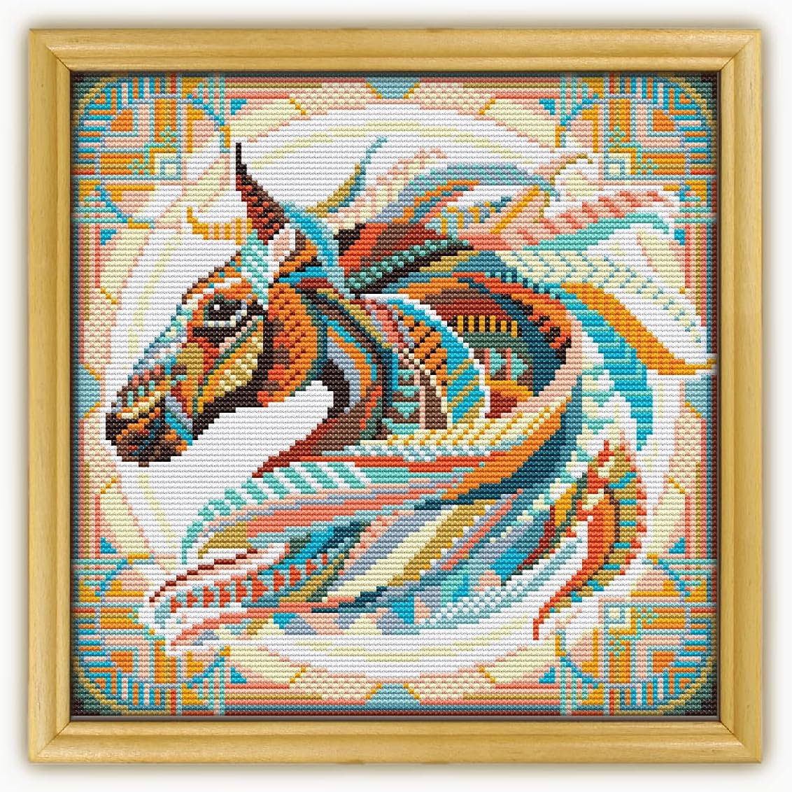 Mandala Horse CS204-1 - Counted Cross Stitch KIT#2. Set of Threads, Needles, AIDA Fabric, Needle Threader, Embroidery Clippers and Printed Color Pattern Inside.