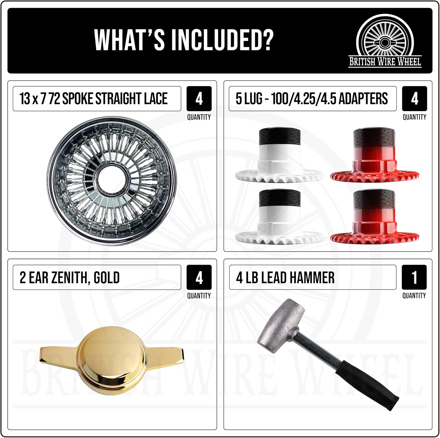 13x7 Reverse 72 Spoke SS Straight Lace Wire Wheels w/Zenith Gold Knock Off Spinner Caps + Adapters 5x100, 5x4.25, 5x4.5 | Chrome Deep Dish Lowrider Rims | Set of 4 + Lead Hammer