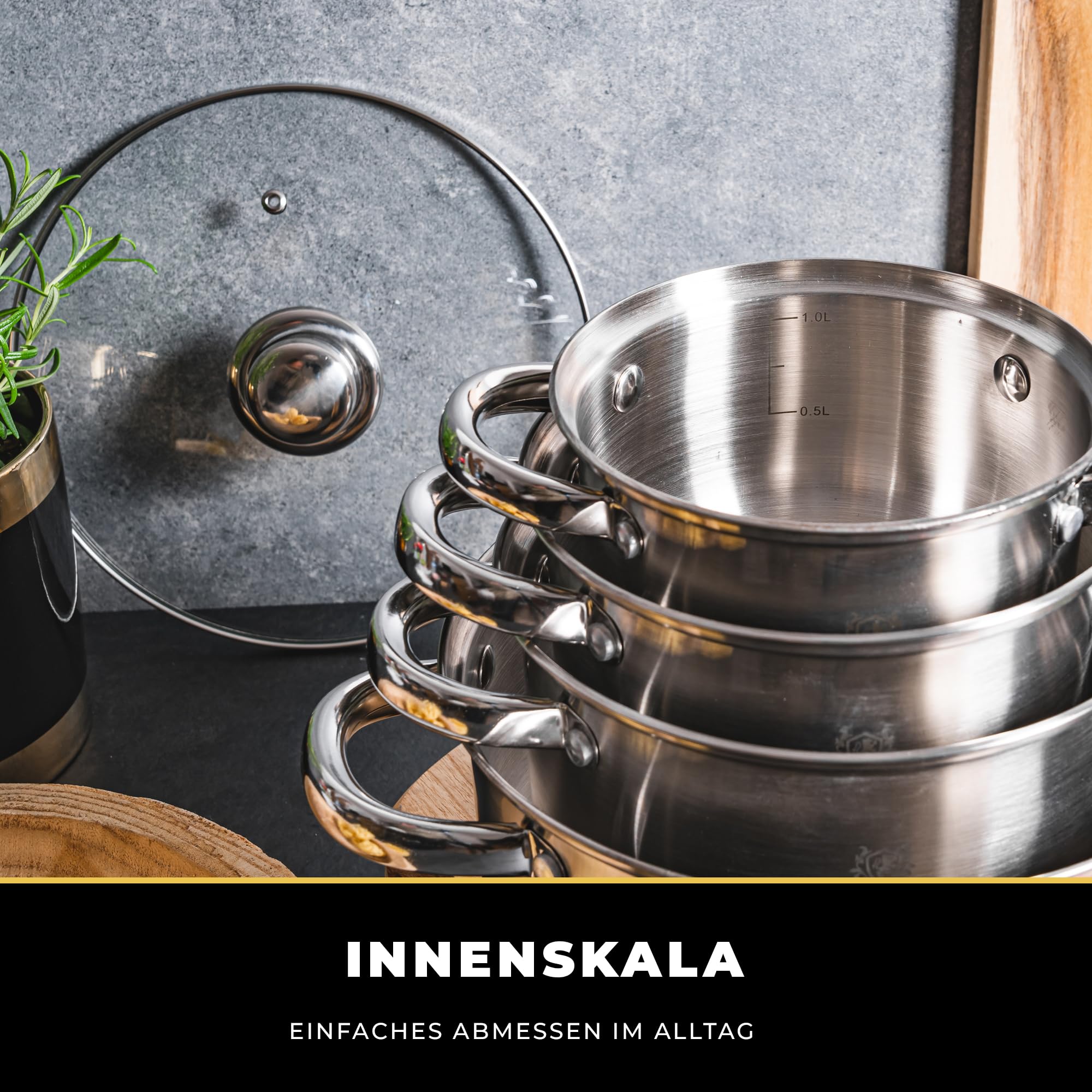 KARL HAUSMANN Topfset Induktion Edelstahl 4-Teilig - Kochtöpfe für Alle Herdarten - Kochtopf Set mit Glasdeckel - Töpfe mit Messskala - Topf Set - Kochtopfset - Topfsets - Pots - Induktionstöpfe