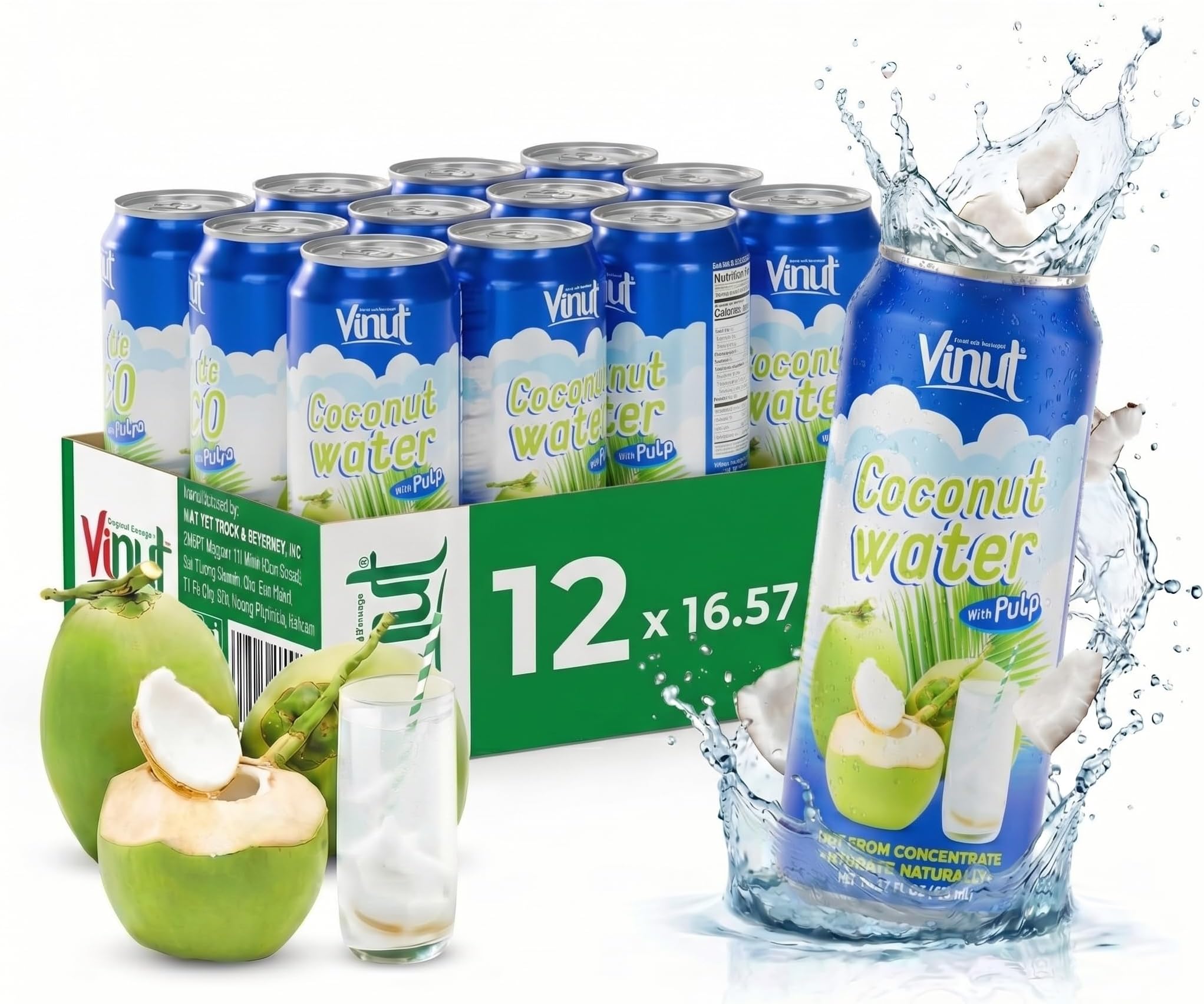 Vinut Original Coconut Water Drink With Pulp (16.57 fl oz, Pack of 12), Hydrate Naturally, Fresh, High Calcium, Potassium, Nutrient Rich, Not From Concentrate, Strong Coconut Flavor and Aroma