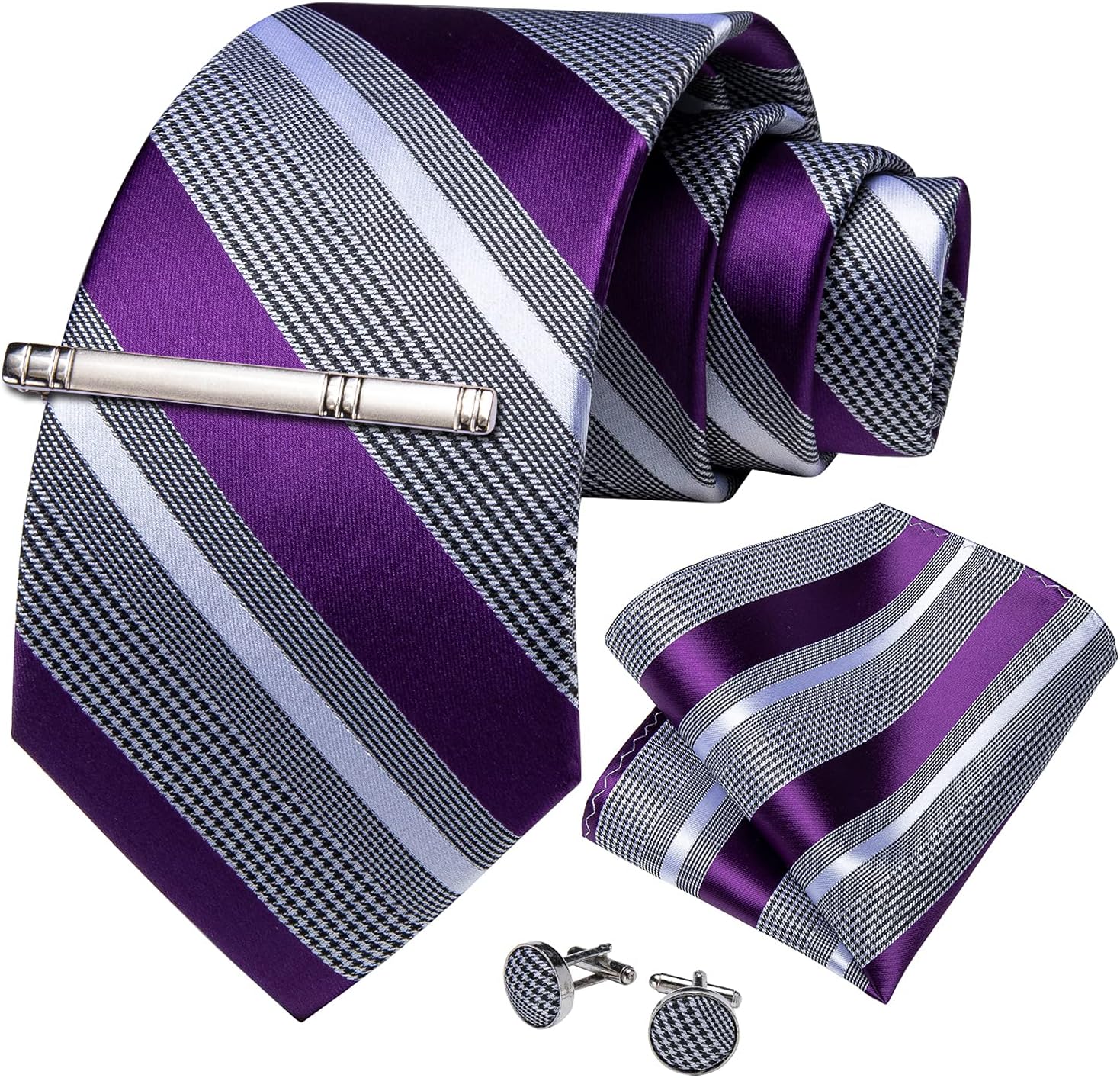 DiBanGu Mens Striped Tie Silk Woven Necktie and Pocket Square Cufflinks Tie Clip Set Wedding Business Formal Gift Tie for Men - Image 3