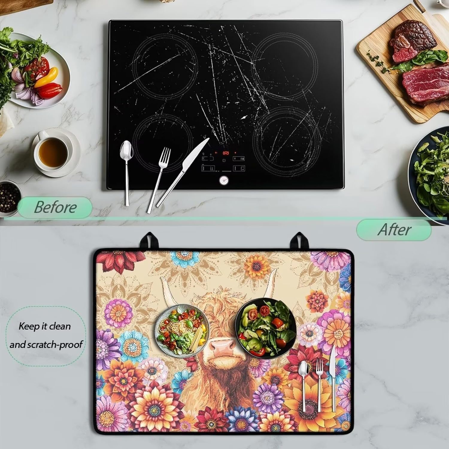 Cow and Flower Stove Cover for Electric Stove, Oil Stains Resistant Stove Top Cover for Glass Top,Heat Resistant Rubber Cooktop Cover for Kitchen Wall Decoration
