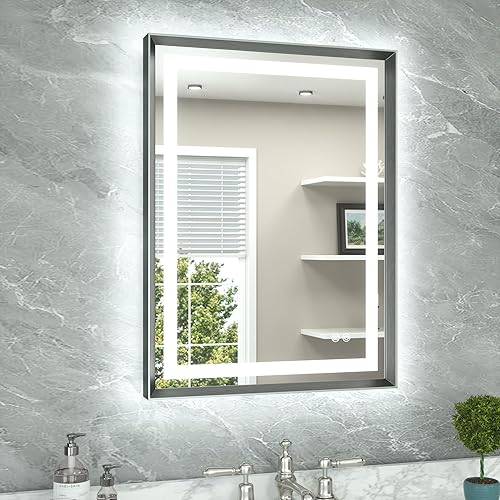 Miniatura 89 de TETOTE Espejo LED de baño de 24 x 32 pulgadas, marco de metal dorado cepillado frontal y retroiluminado, espejo de tocador antiniebla, regulable Oro