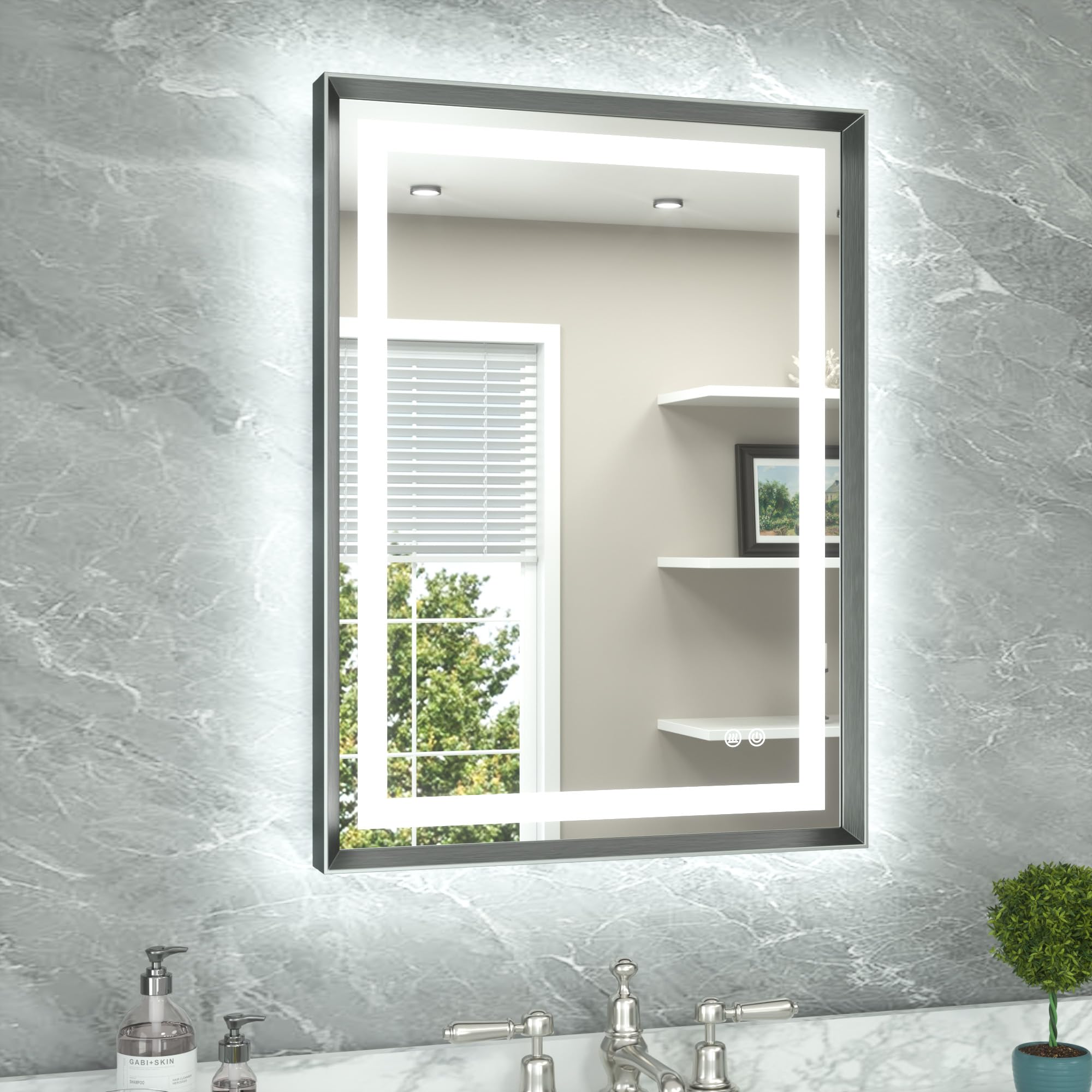 TETOTE 24 x 32 Led Mirror Brushed Gunmetal Gray/Off‑Black Metal Frame Frontlit &amp; Backlit Vanity Mirror Anti-Fog Stepless Dimmable 3 Colors White/Warm/Natural Wall Mirror with Lights Wall-Mounted