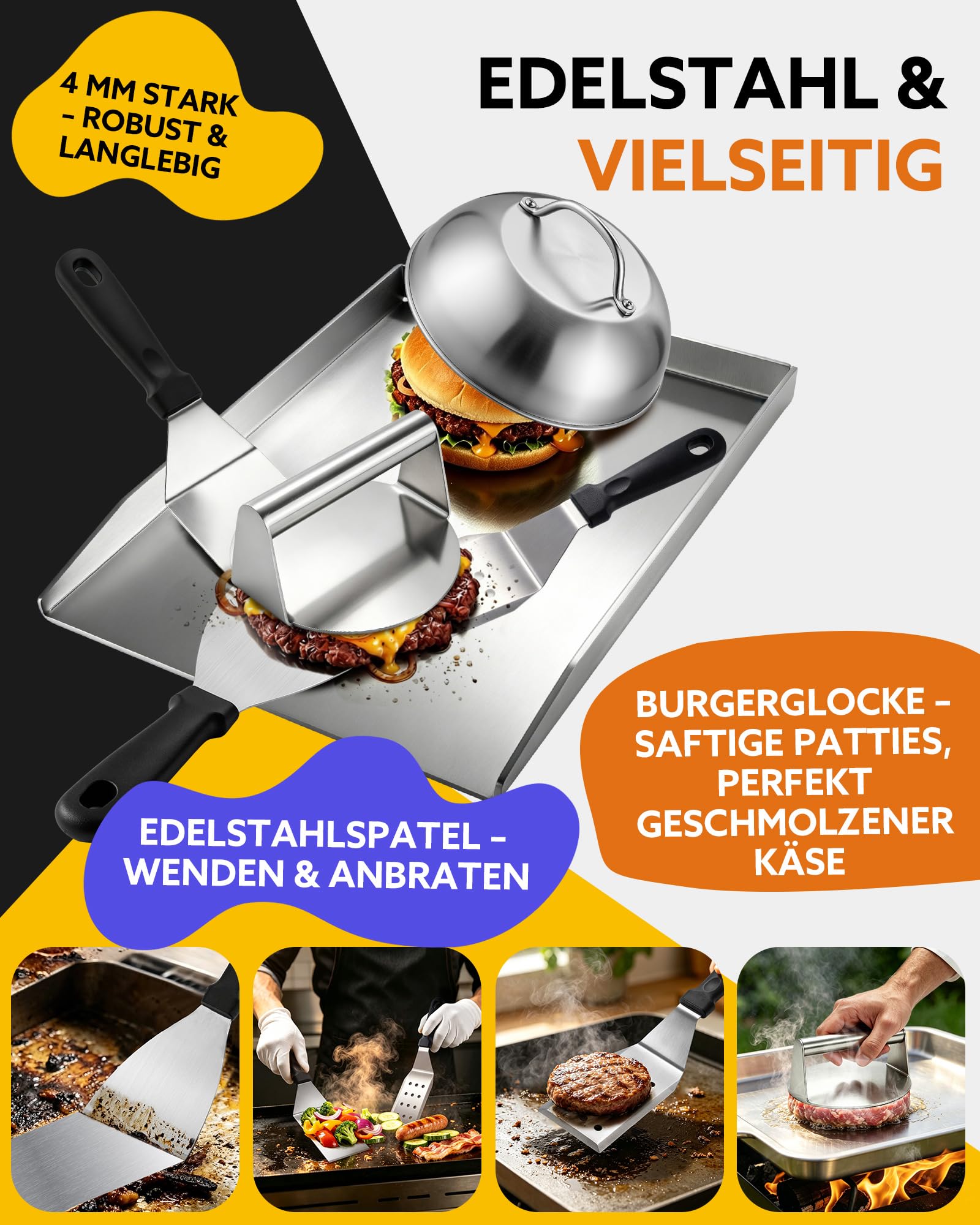7er Set Plancha Grillplatte Edelstahl 40x30 cm, 4 mm, für Gasgrill und BBQ
