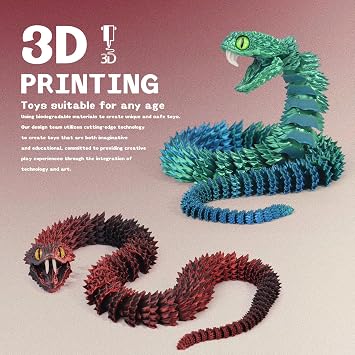 3D Printed Snake 3D Printed Animals 3D Printed Articulated Snake A Snake with Teeth, Perfect Desk Pet for Animal Collectors,3D Printed Snake Toys (Black Gold)