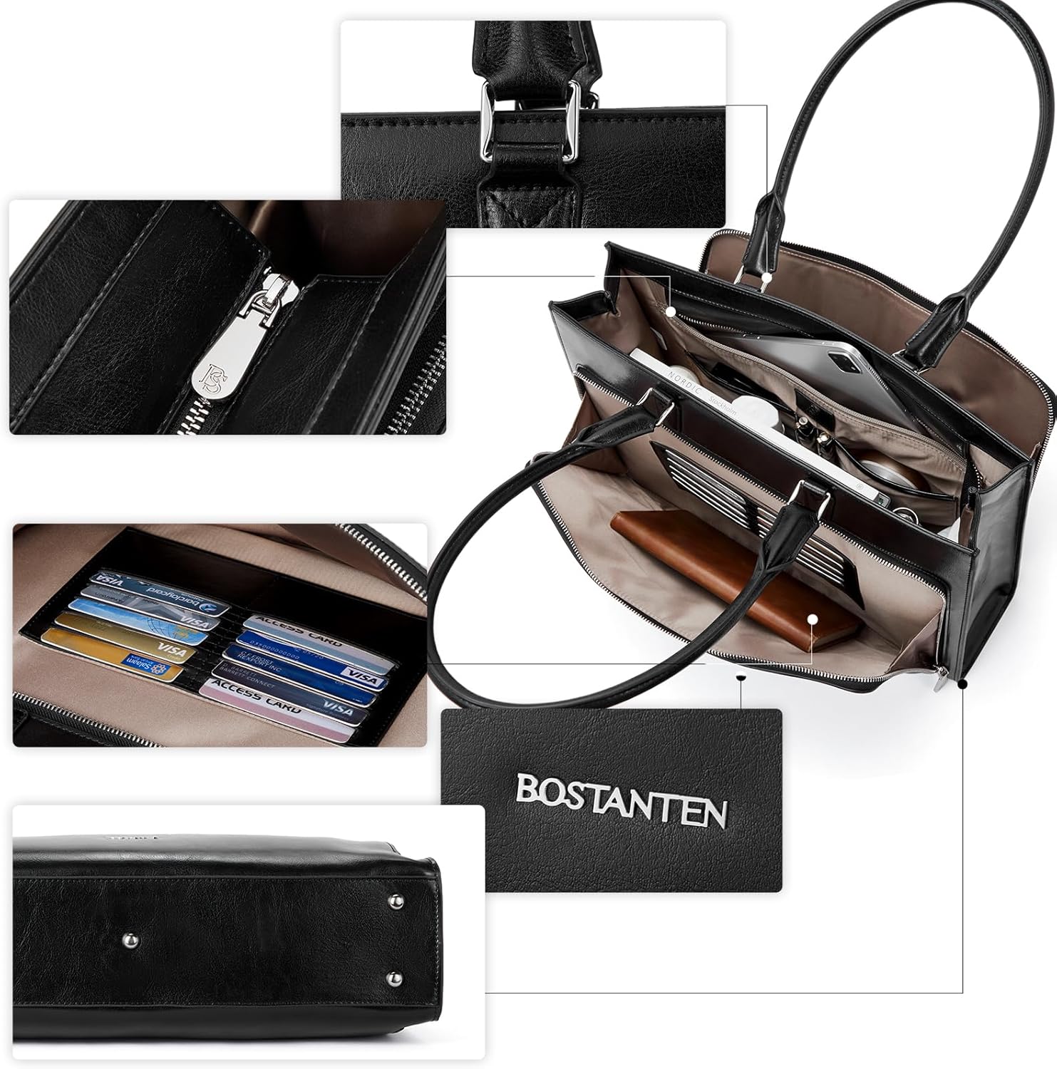 BOSTANTEN Leather Briefcase for Women Vintage 15.6 inch Laptop Bag for Women Business Tote Shoulder Handbag - Image 5