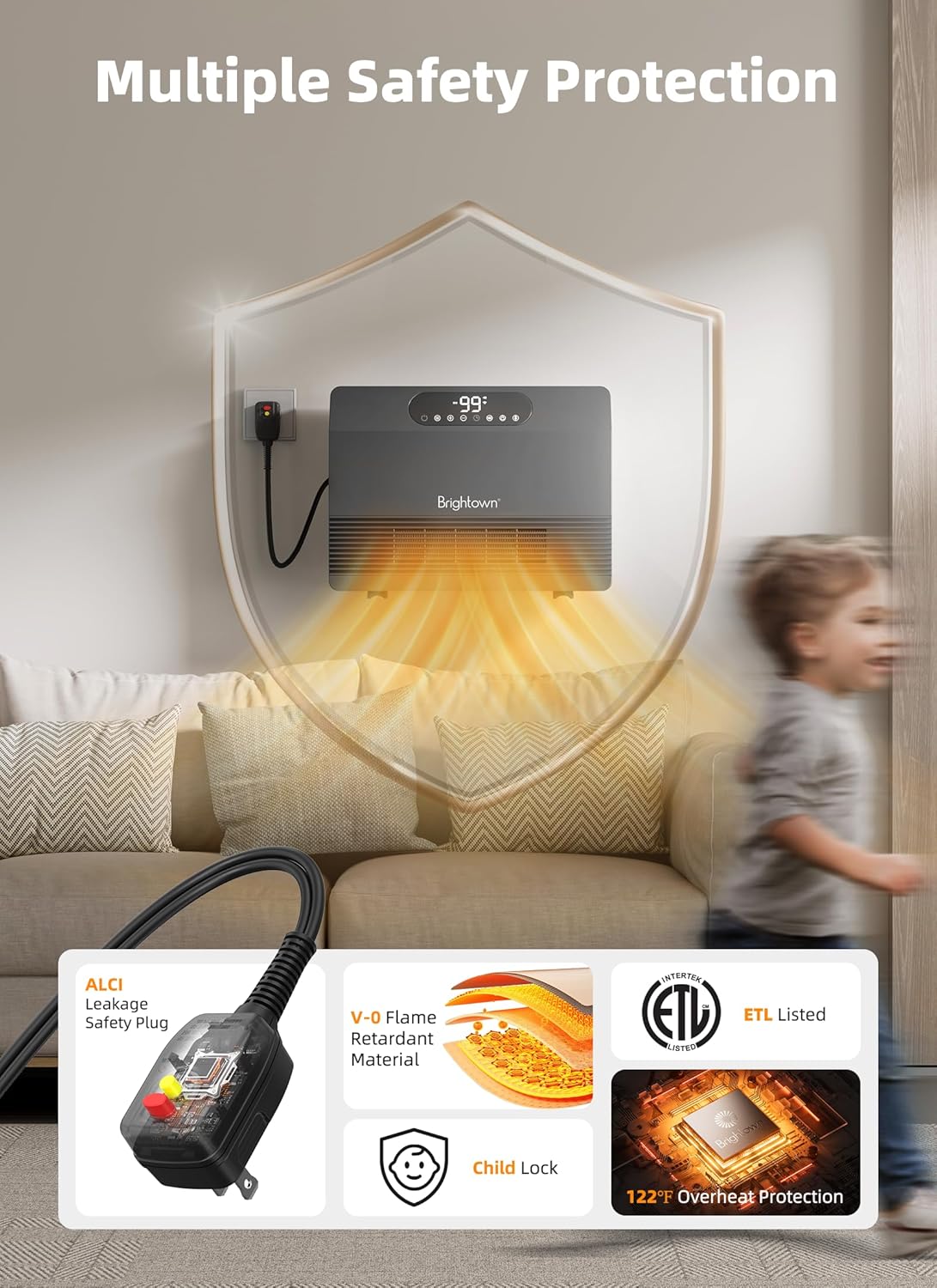 Image showing the various control methods for the Brightown Wall Heater: touchscreen, remote, mobile app, and Alexa.