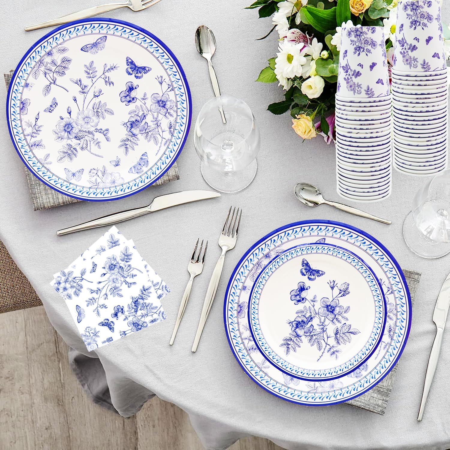 175Pcs Blue White Floral Party Supplies Set 9"Blue White Floral Dinner Plate 7"Floral Dessert Plate Napkins Cup Knive Fork Spoon for Bridal Shower Wedding Tea Party Floral Birthday Party Decor Serve25