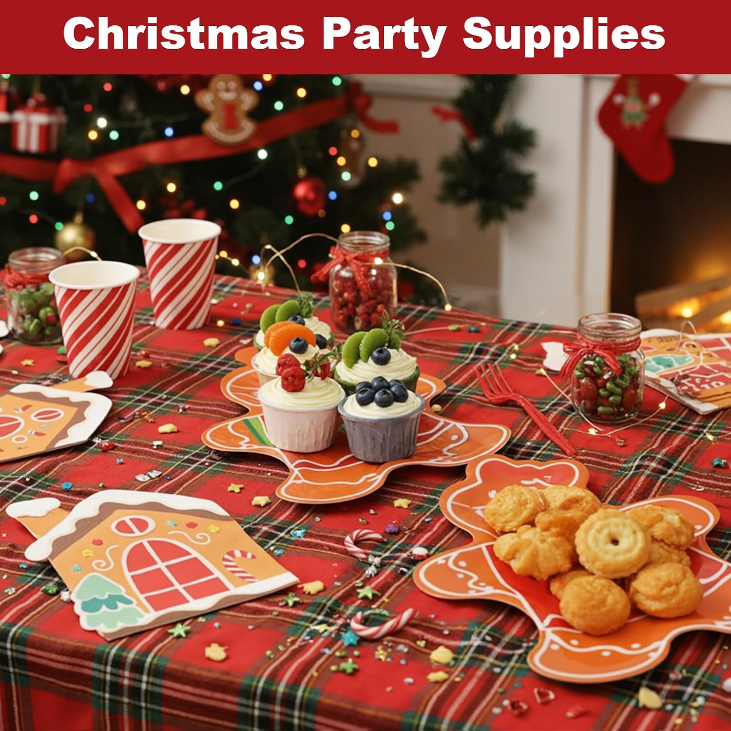 Potchen 200 Pcs Christmas Gingerbread Man Party Supplies Disposable Paper Plates Gingerbread House Napkins Candy Cane Striped Cups Red Forks Holiday Dinnerware for Xmas Gathering, Serve 50