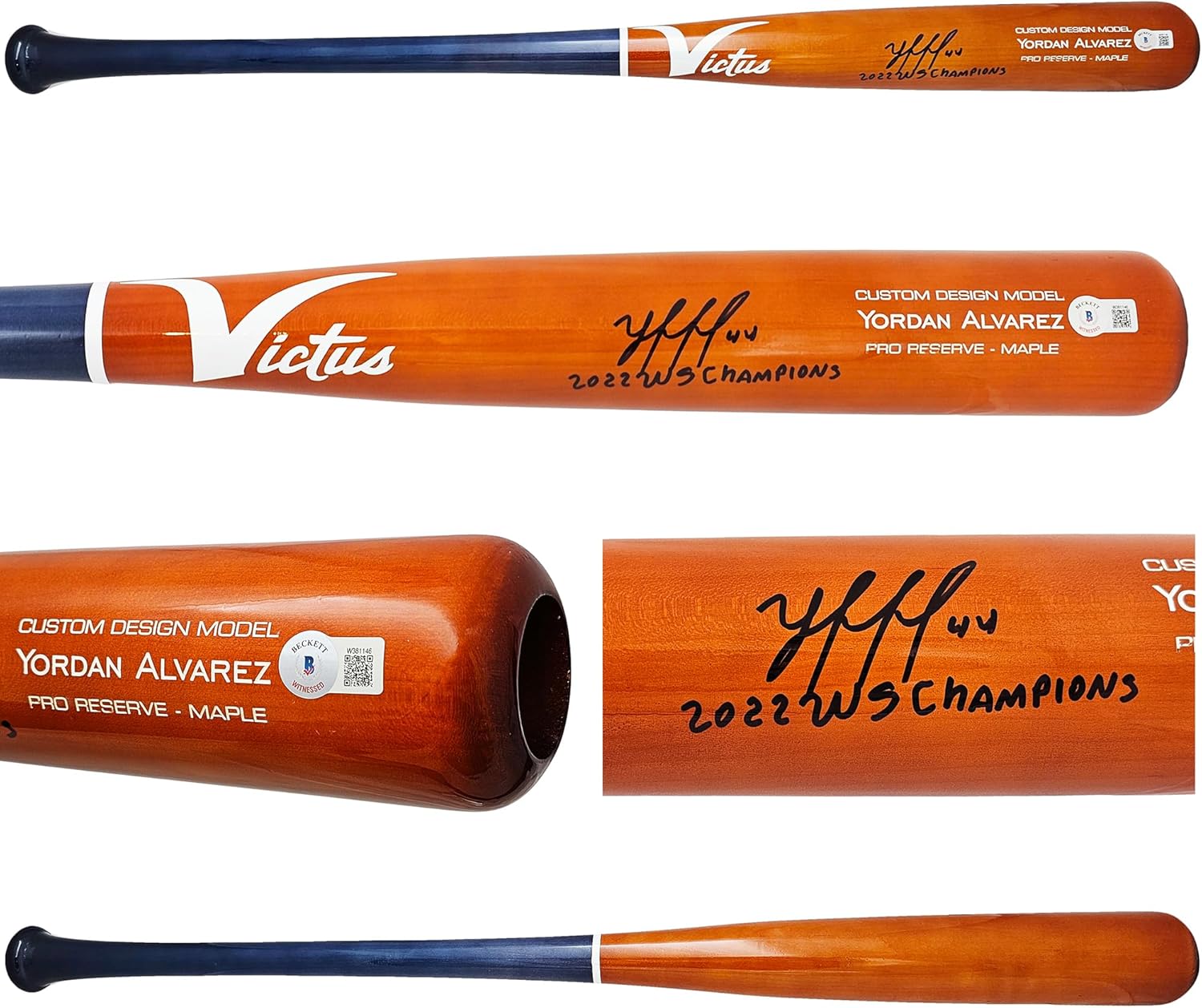 Yordan Alvarez Autographed Orange & Blue Player Model Baseball Bat "2022 WS Champions" Beckett BAS Witness Stock #215389
