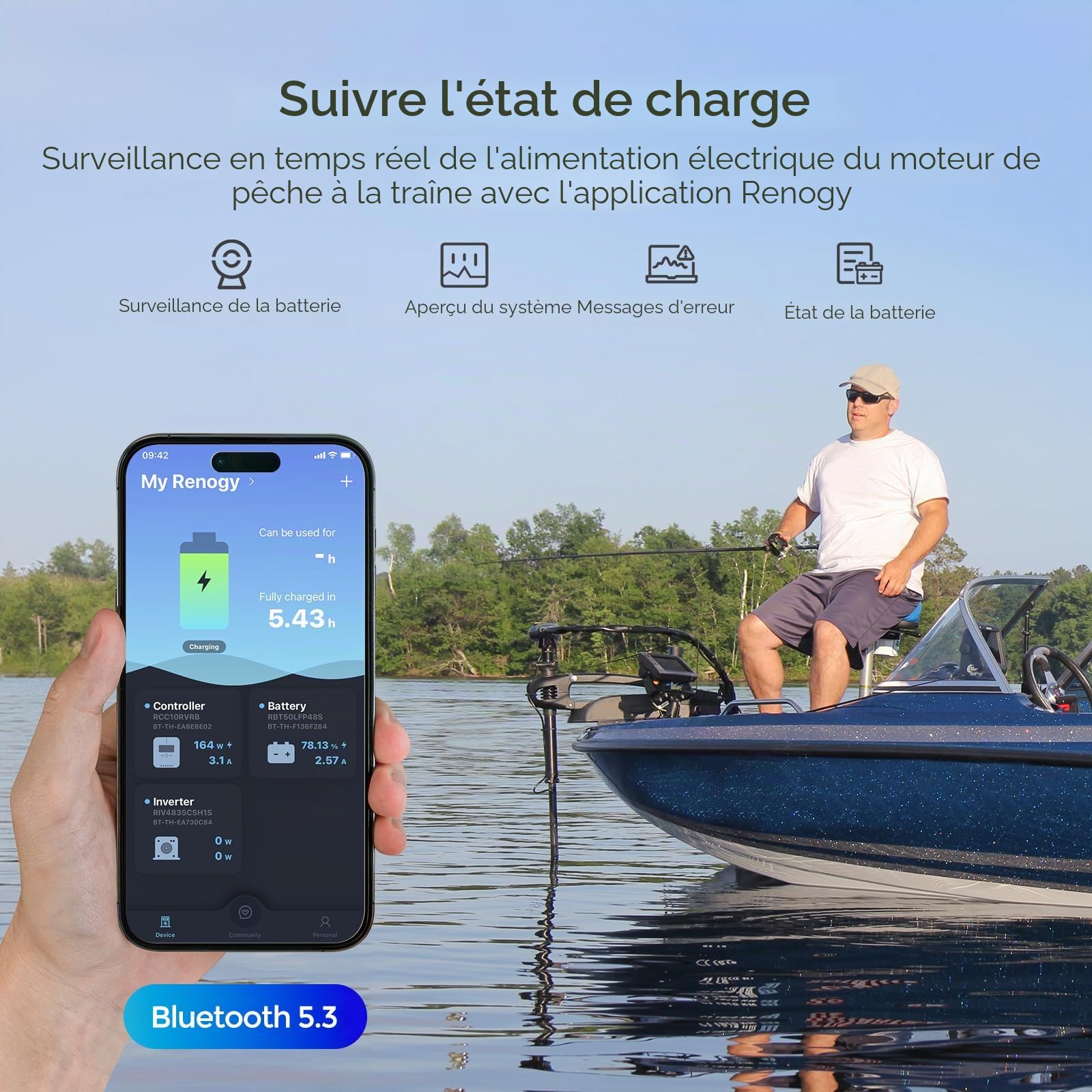 Renogy 12V 100Ah Batterie LiFePO4 au lithium pour moteurs de trolling avec Bluetooth, BMS 150A, 6000+ cycles, batteries à décharge profonde, batterie solaire 12V 100Ah pour moteur de trolling, cabines