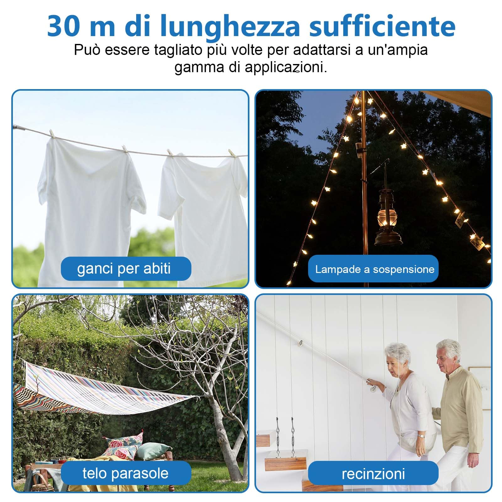 Angooni Set di fune in acciaio da 30 m, fune in acciaio inossidabile da 3 mm rinforzata, tenditore M5 in acciaio inossidabile, gancio a parete M5, fune in acciaio con occhielli, supporti per piante