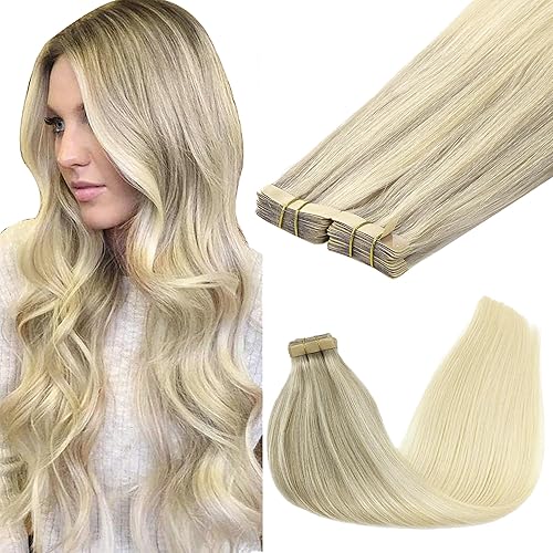 GOO GOO Tape in Hair Extensions Human Hair, 17/22/60 Ash Blonde to Golden Blonde and Platinum Blonde, 18inch 100g 40pcs, Skin Weft Seamless Invisible, Silky Straight with Thick Ends, Remy Human Hair