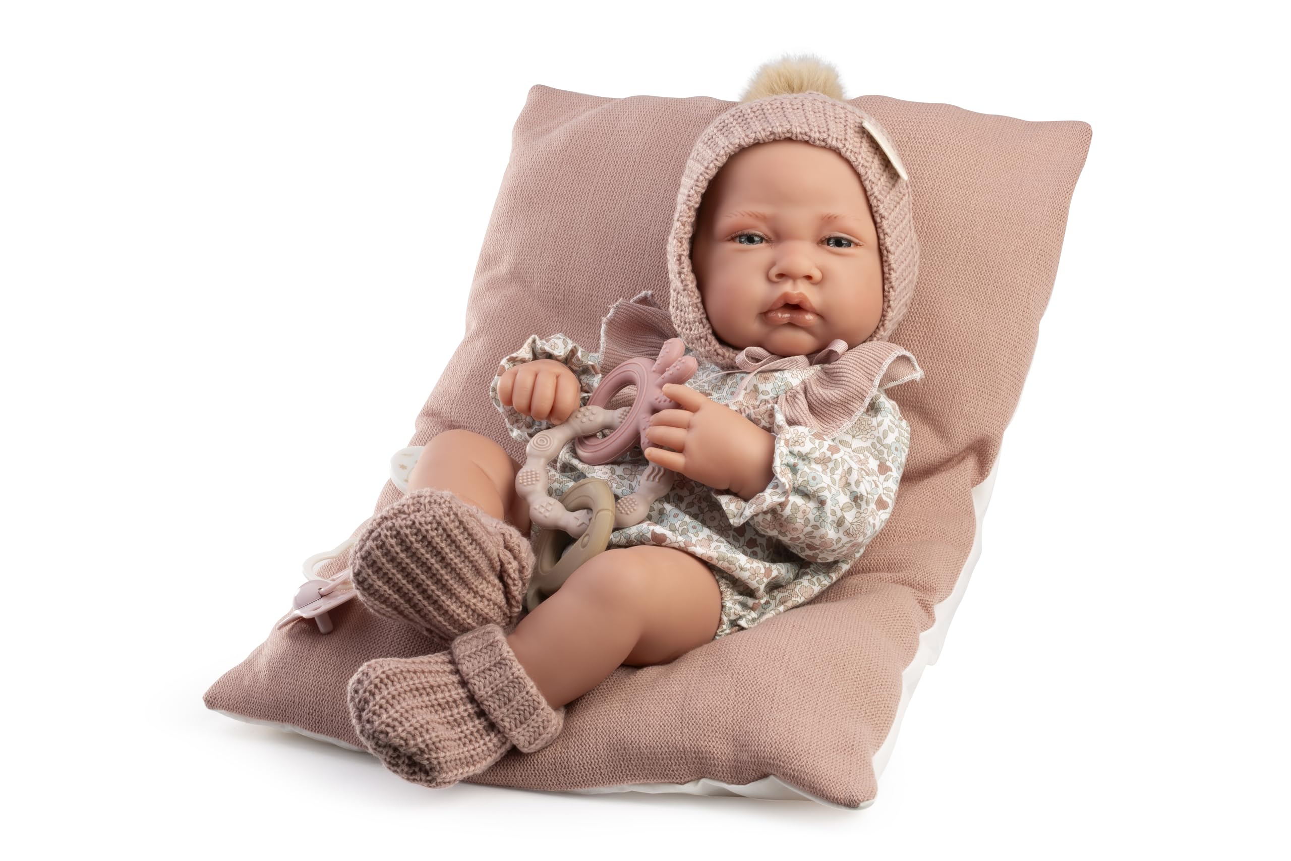Boneca Antonio Juan Newborn Lúa com gorro e conjunto de lã