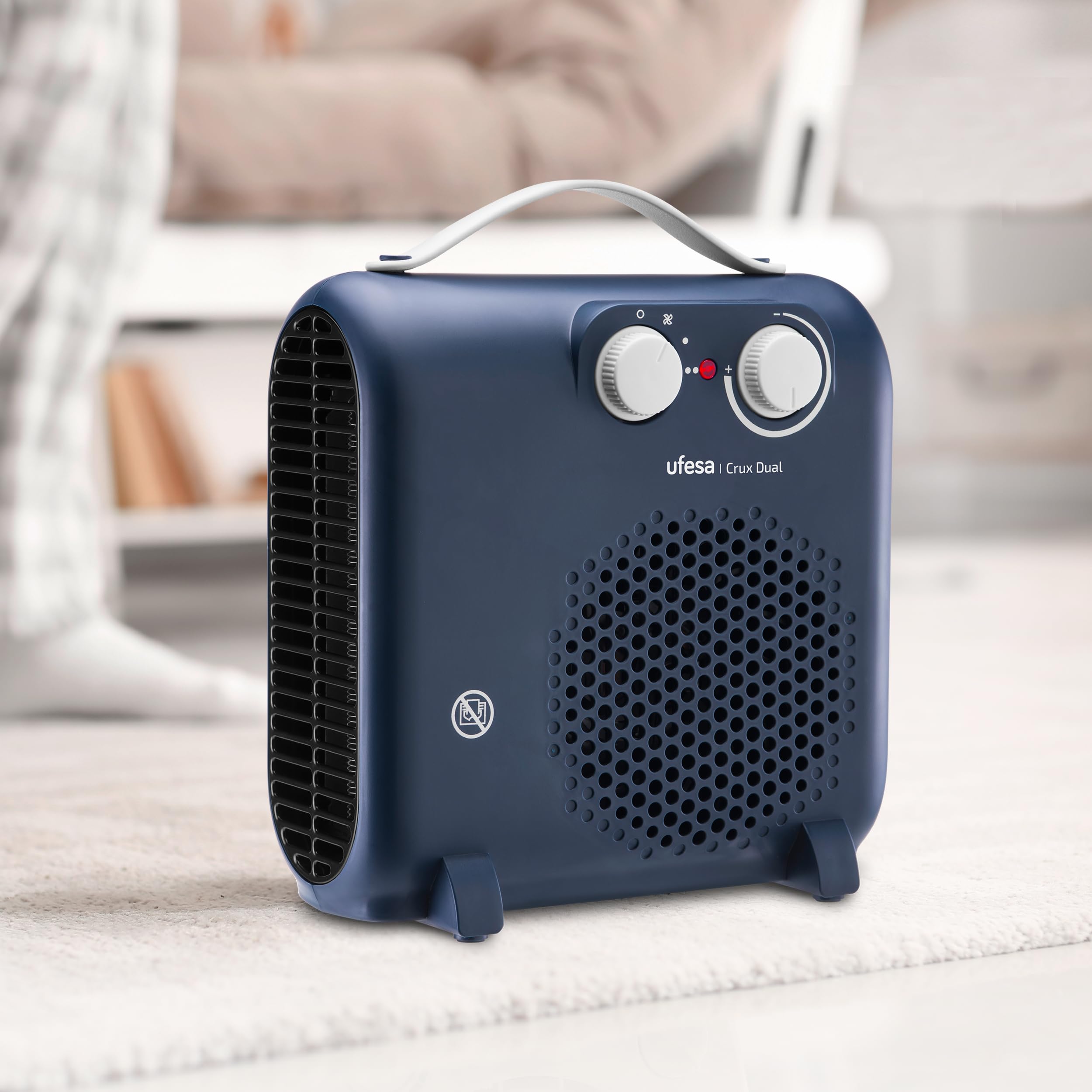 Ufesa Crux Dual Blue elektryczny termowentylator o niskim zużyciu energii, 2000 W, 3 poziomy mocy, regulowany termostat, termowentylator z uchwytem do noszenia