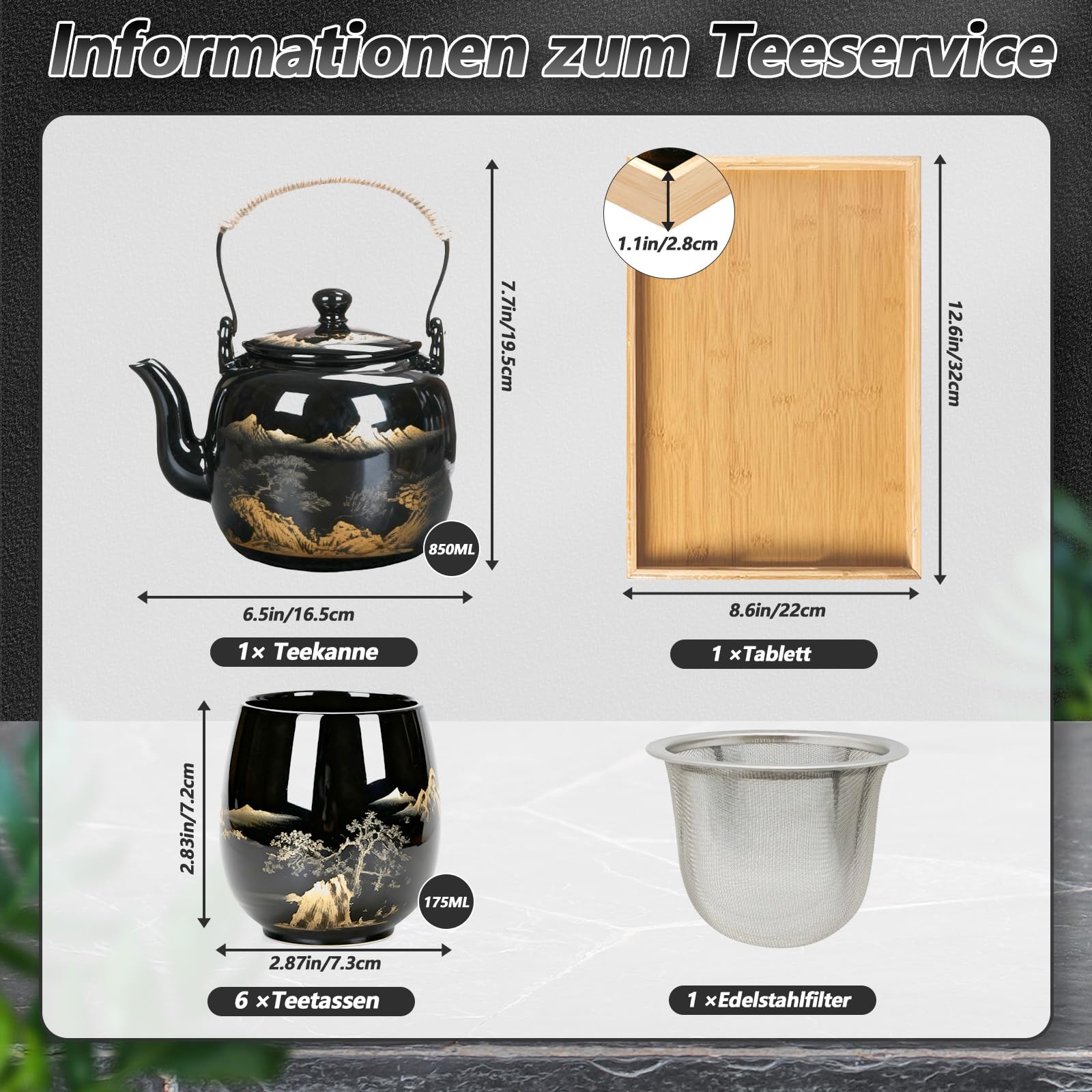 Polegas Service à thé Japonais, théière de 850 ML avec passoire à thé et 6 Tasses de 170 ML, Ensemble de théière en Porcelaine Chinoise exquise, Ensemble de théière Japonaise pour Les Amateurs de thé