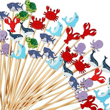 Yalikop 100 Pieces Sea Creature Cocktail Toothpicks Ocean Animals Fish Cocktail Picks Octopus Shark Cupcake Toppers Bamboo Fruit Food Appetizers Picks for Under the Sea Birthday Party Decoration