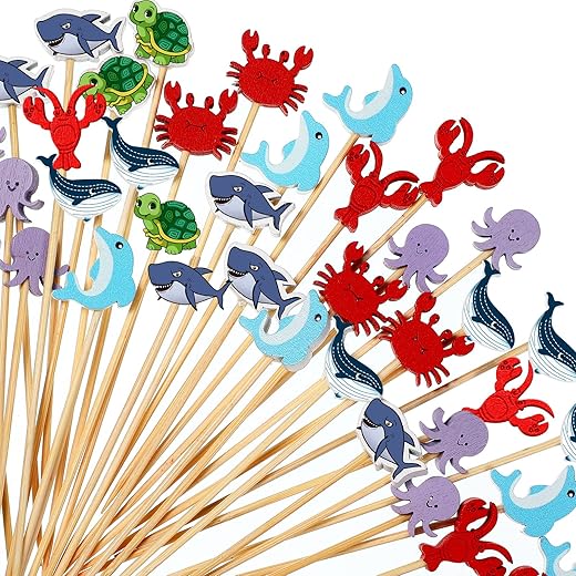 Cocktailspieße aus Bambus, Delfin, Oktopus, Hai, Fische, verschiedene Vorspeisen, Picks für unter dem Meer, Ozean, Strand, Thema, Geburtstag, Babyparty, Party-Zubehör, Kuchendekoration (100)