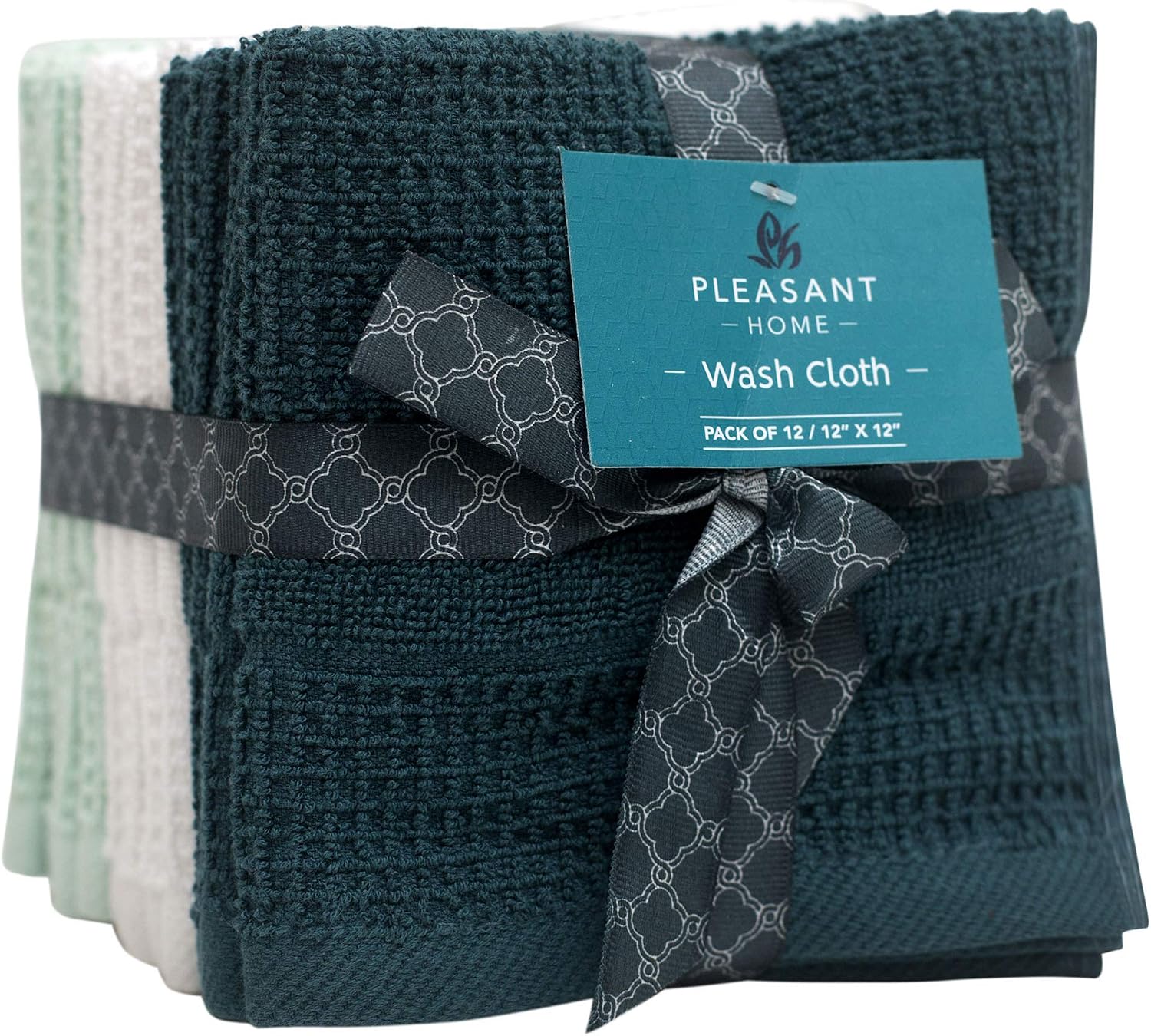 Pleasant Home Washcloths Set - 12 Pack (12” x 12”) – 488 GSM- 100% Ring Spun Cotton Wash Cloth - Super Soft and Highly Absorbent Face Towels (Green & Mint Combo, Waffle Design)