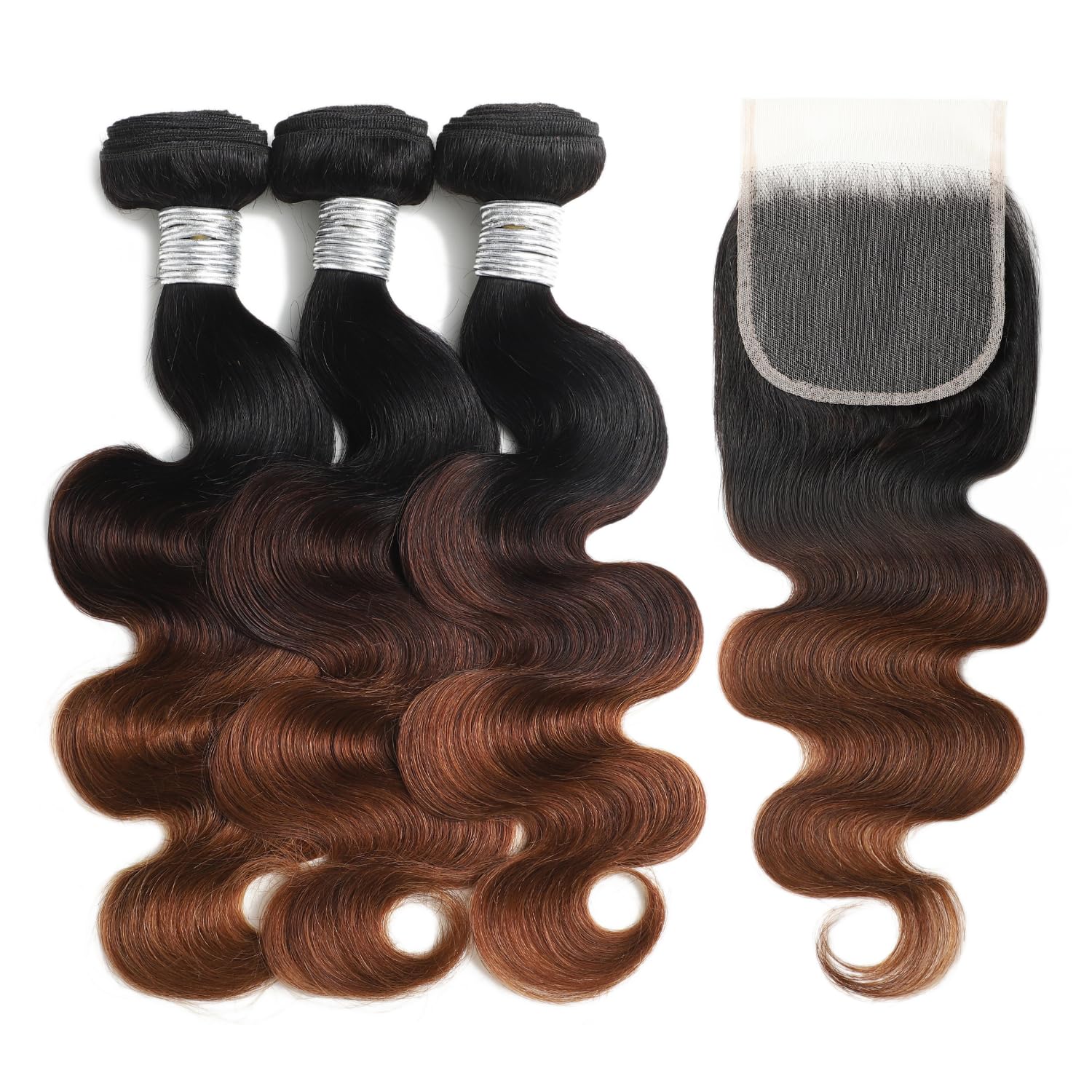 Chestnut Brown Ombre Bundles with Closure Human Hair Body Wave, 12A T1B/2/30 Medium Brown 3 Tone Colored Human Hair 3 Bundles with 4x4 HD Lace Closure Free Part Brazilian Virgin Remy 12 14 16+10