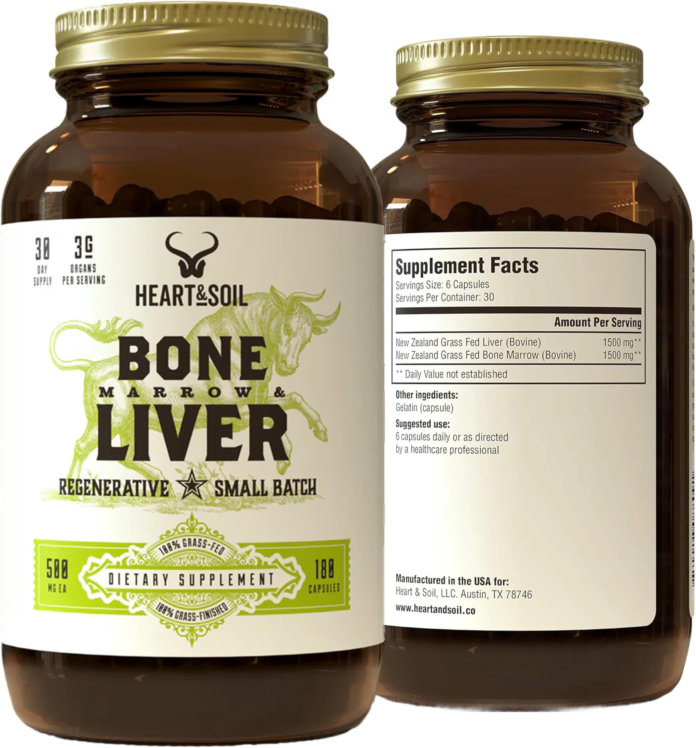 Heart & Soil – 100% Grass Fed & Finished Bone Marrow & Beef Liver from Regenerative Cattle – Supports Bones, joints, Tissue & Skin – 3000mg Libido Booster For Women & Men – Glass Bottle – 180 Capsules
