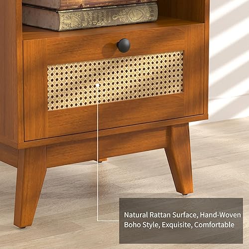 Miniatura 4 de Mesita de noche moderna de ratán con cajón de ratán natural, mesita de noche bohemia con patas de madera maciza para dormitorio, sala de estar y