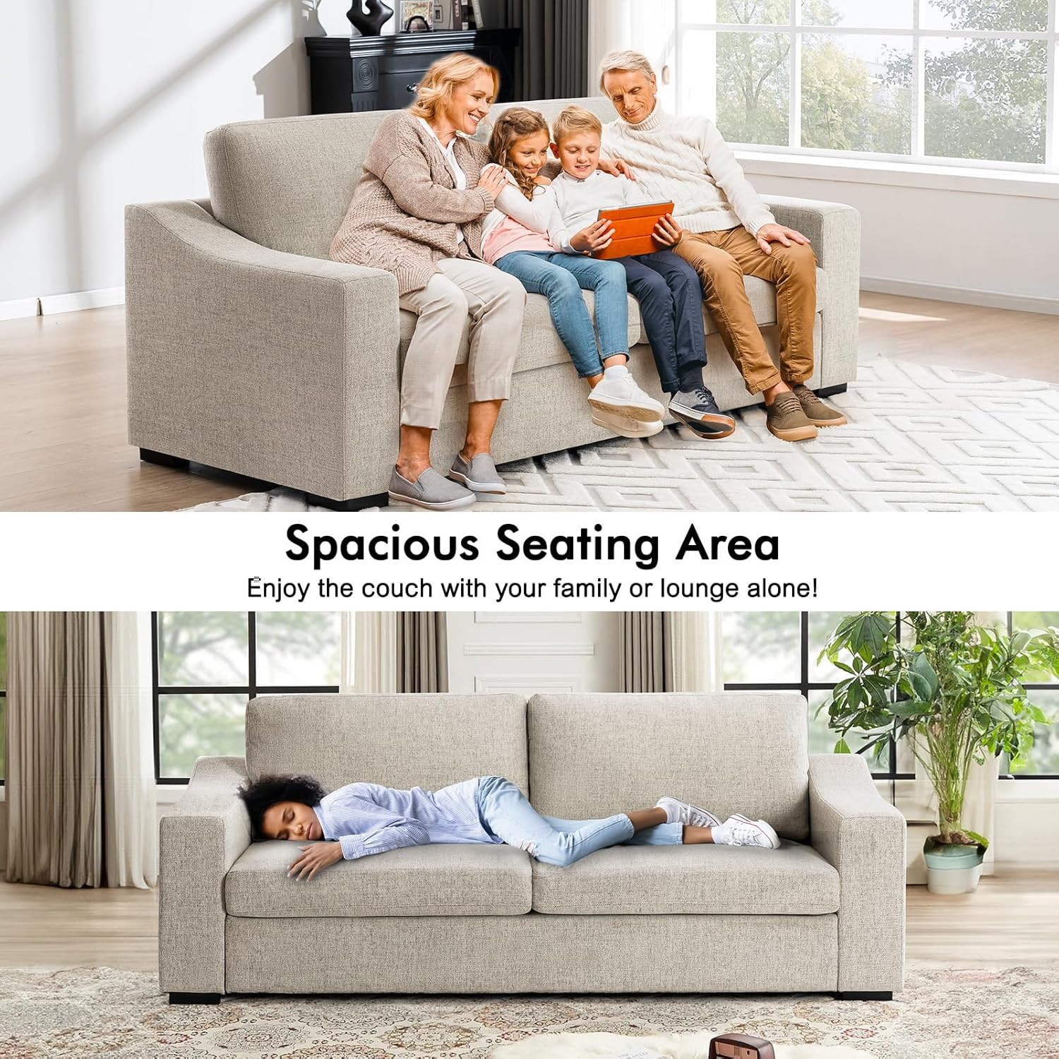 ELUCHANG 85" Deep Seat Sofa 3 Seater Natural Linen Detachable Cover Oatmeal