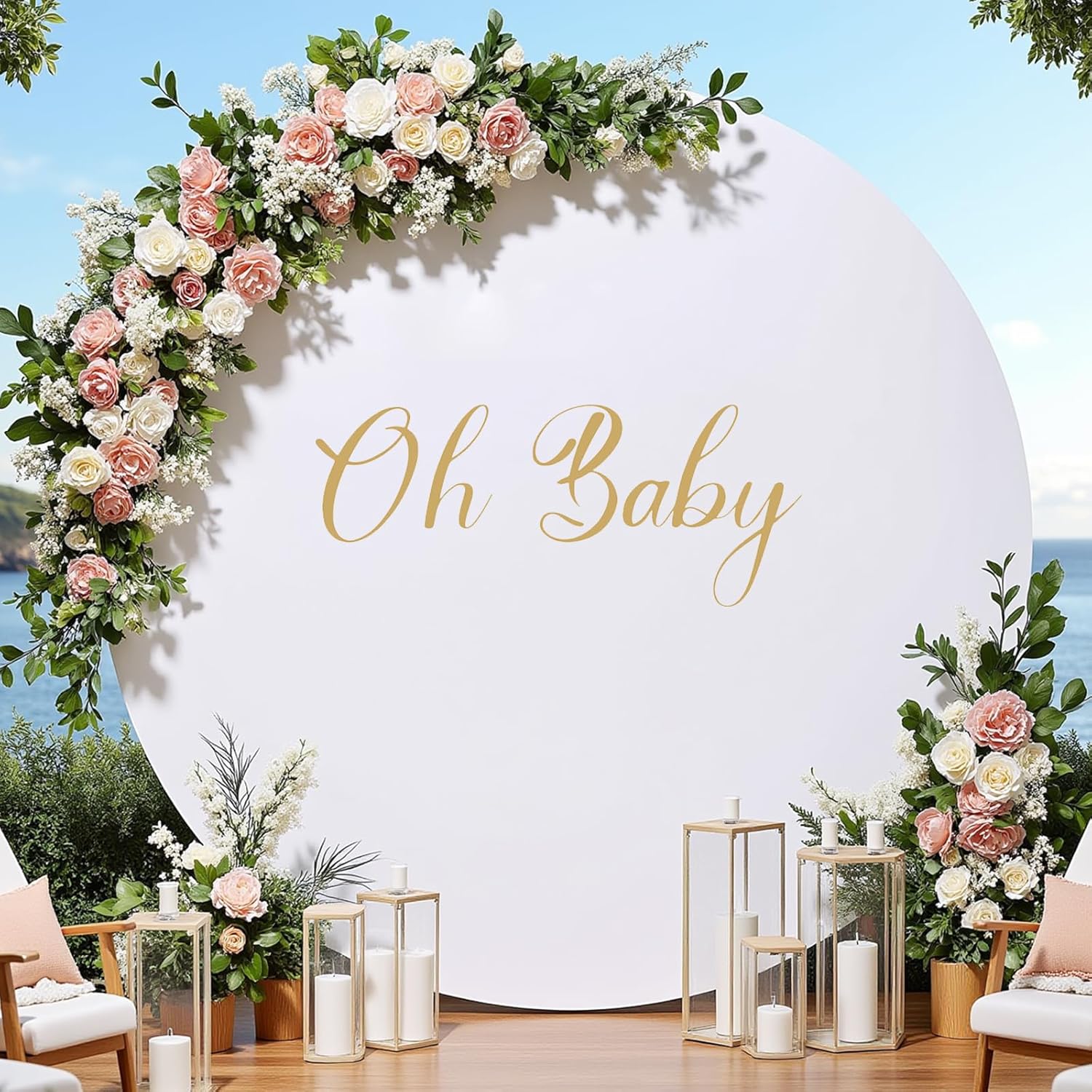 7.2FT White Round Backdrop Cover with Oh Baby Decal Sign for 5-7.2ft Circle Arch Stand - Thick Fitted Spandex Circle Backdrop Cover for Baby Shower, Wedding, Birthday Party and Photography