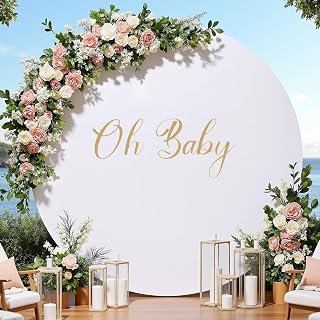 7.2FT White Round Backdrop Cover with Oh Baby Decal Sign for 5-7.2ft Circle Arch Stand - Thick Fitted Spandex Circle Backdrop Cover for Baby Shower, Wedding, Birthday Party and Photography