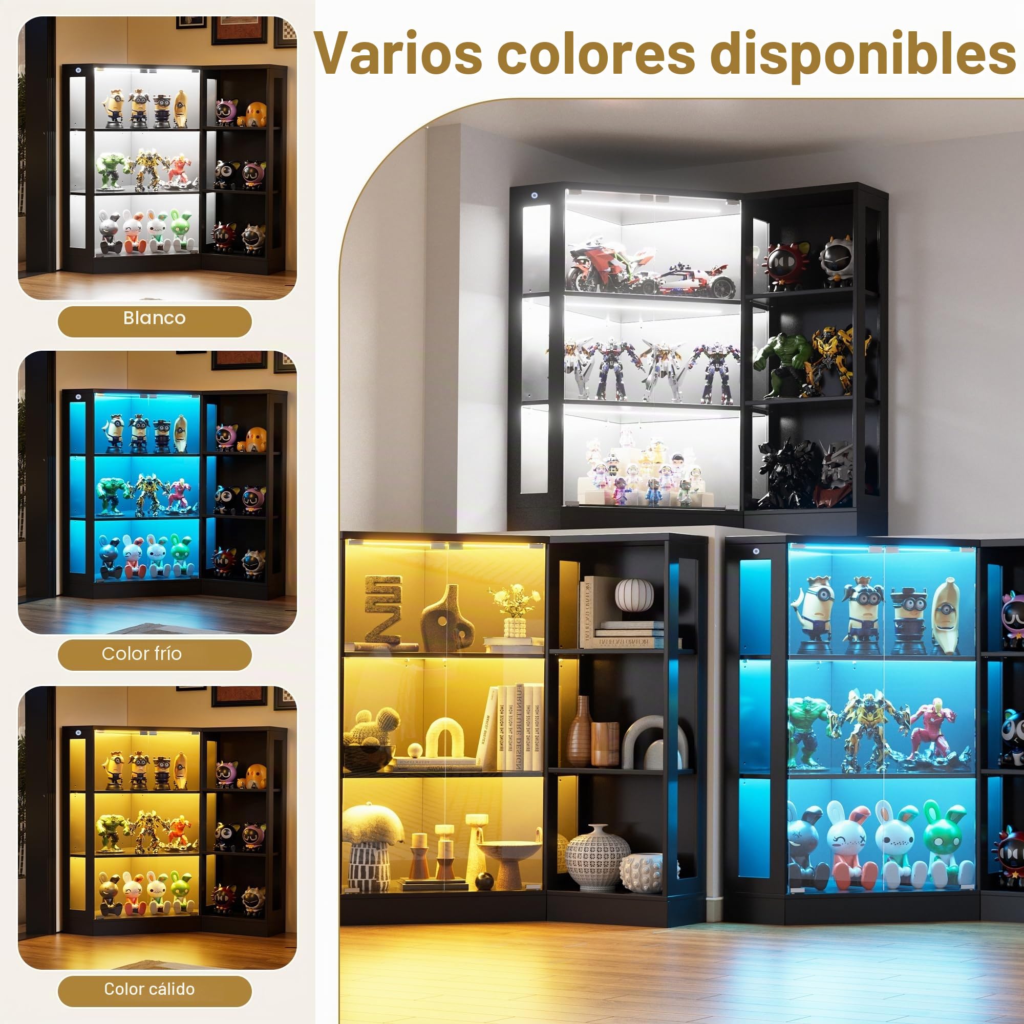 Vitrina de Cristal con LED, Vitrina Expositora Esquina para Colecciones de 3 Pisos de Pie con Sensores Inteligentes y 2 Puertas, Estantes Altura Ajustable, Vitrinas para Salon, Oficina, 100x116.5x60cm