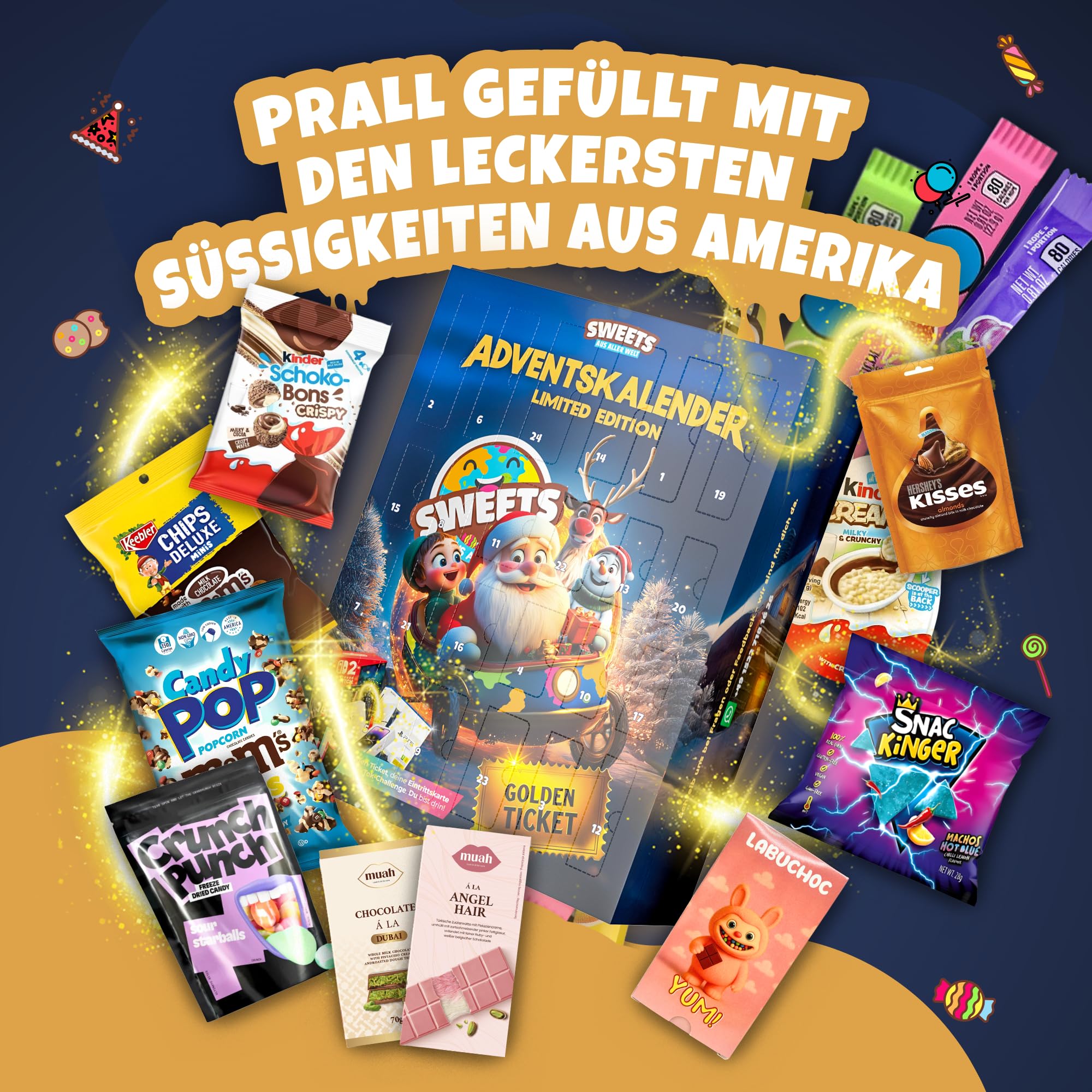 Adventskalender 2025 mit Amerikanischen Süßigkeiten & Snacks aus aller Welt - Weihnachtskalender mit Labuchoc, Dubai Schokolade, Schokobons crispy, Angel Hair & vielen weiteren viralen Highlights