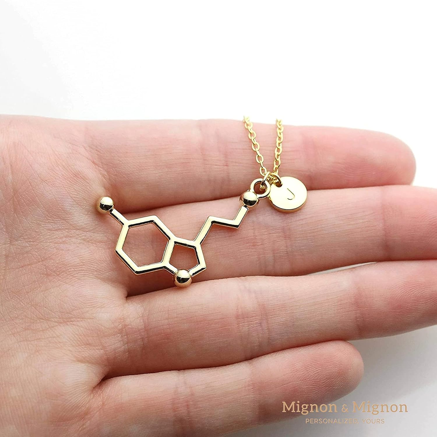 MignonandMignon Serotonin Initial Necklace Personalized Best Friend Jewelry Chemistry Happiness Science Molecule Inspiration Gift for Women - RMSN-TC