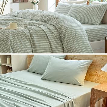 Sage Green and White Striped Duvet Cover with Sage Green Sheet Set, Queen Size Bedding Set 7 Pieces