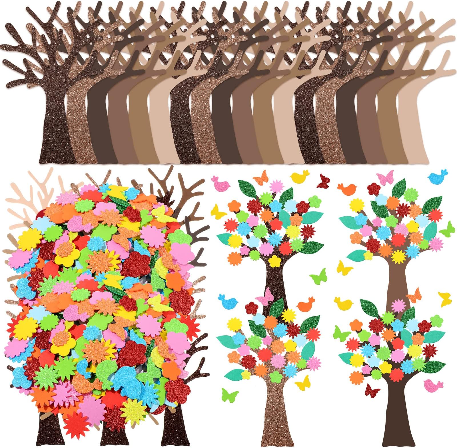 224 Pcs Spring Foam Crafts Flower Butterfly Leaf Tree Glitter Self Adhesive Stickers for Art and Craft Party Favors Spring Family Activities